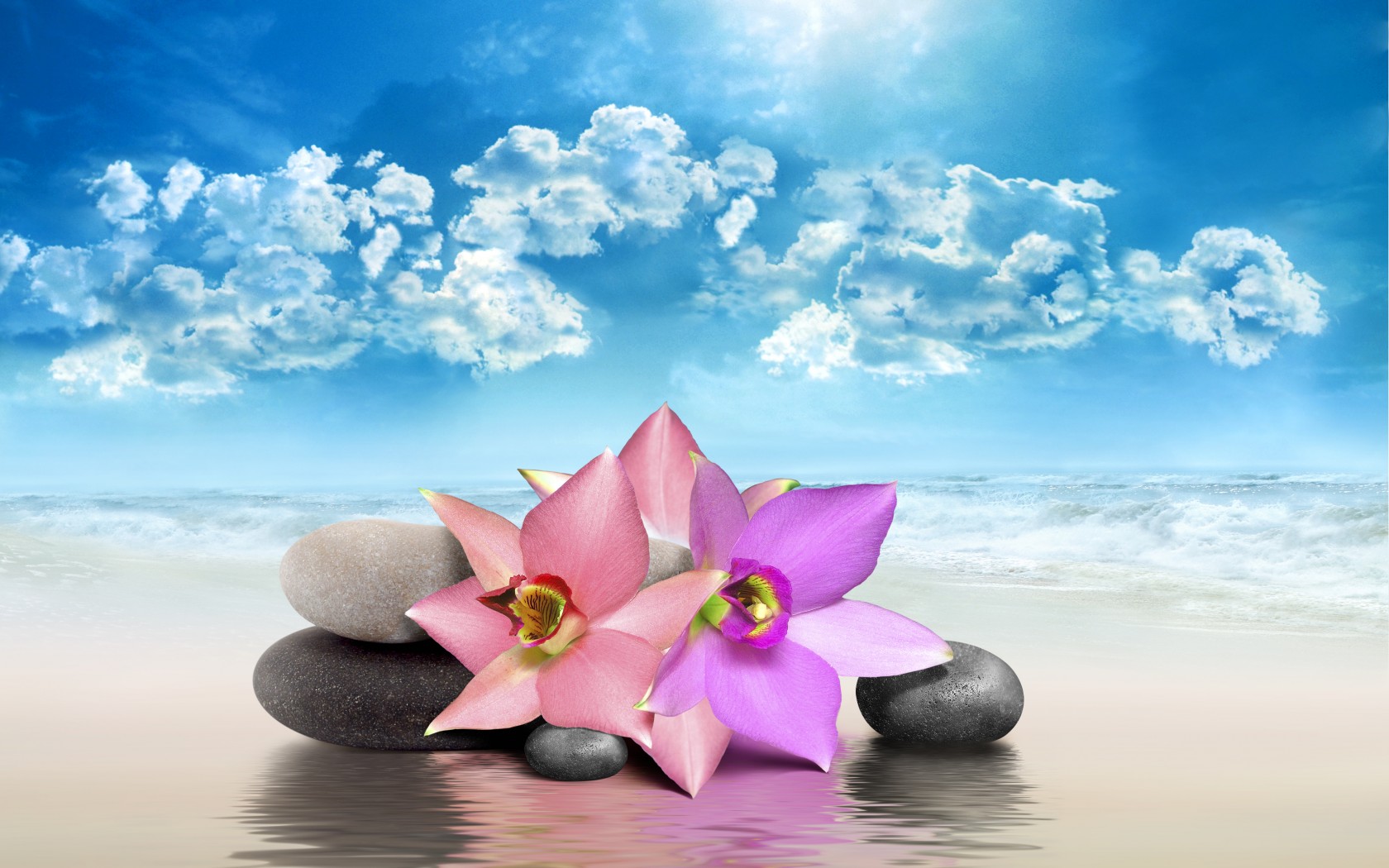Download mobile wallpaper Flower, Ocean, Stone, Cloud, Zen, Religious for free.