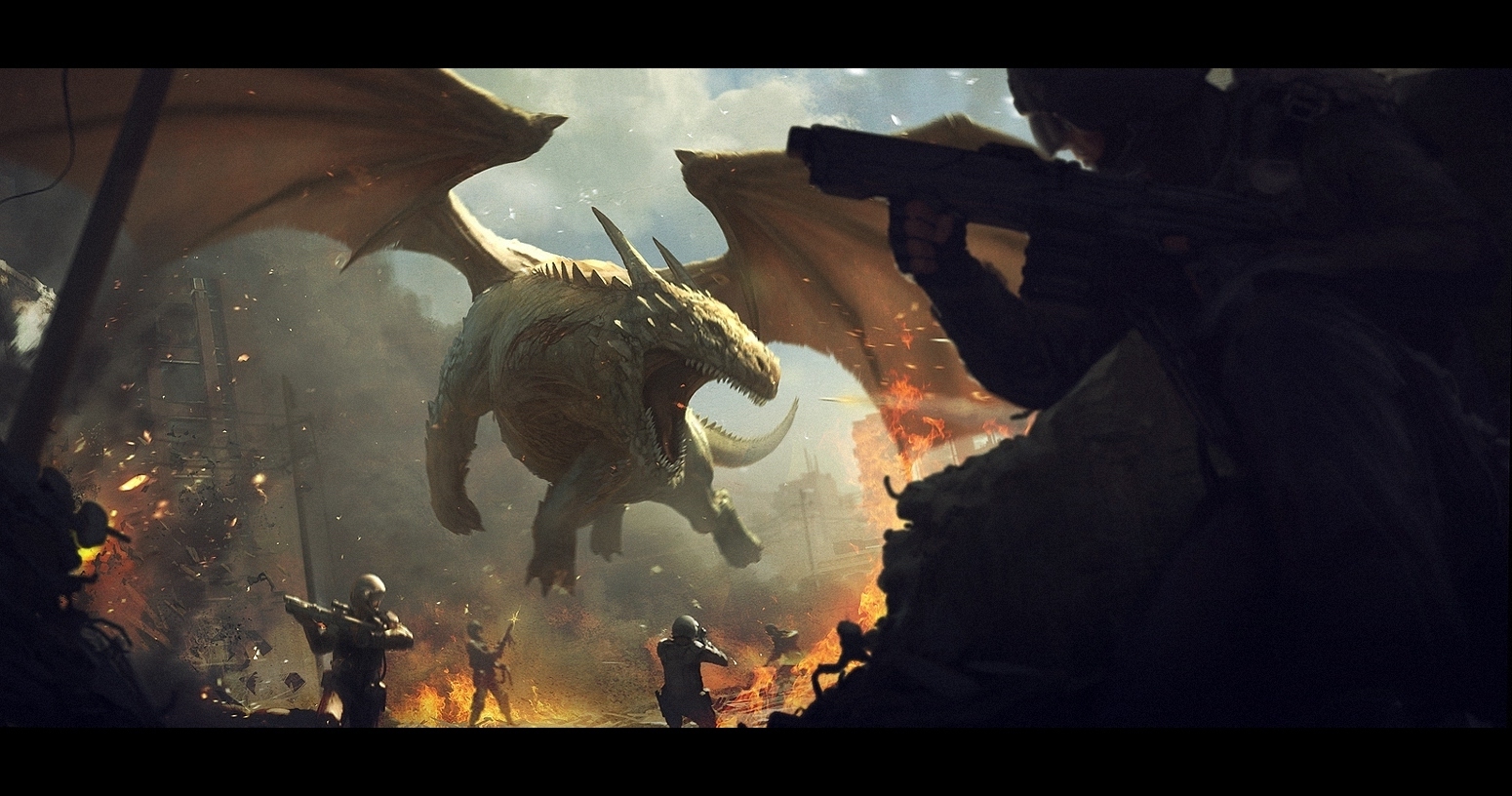Download mobile wallpaper Monster, Military, Fantasy, Dragon, Battle for free.