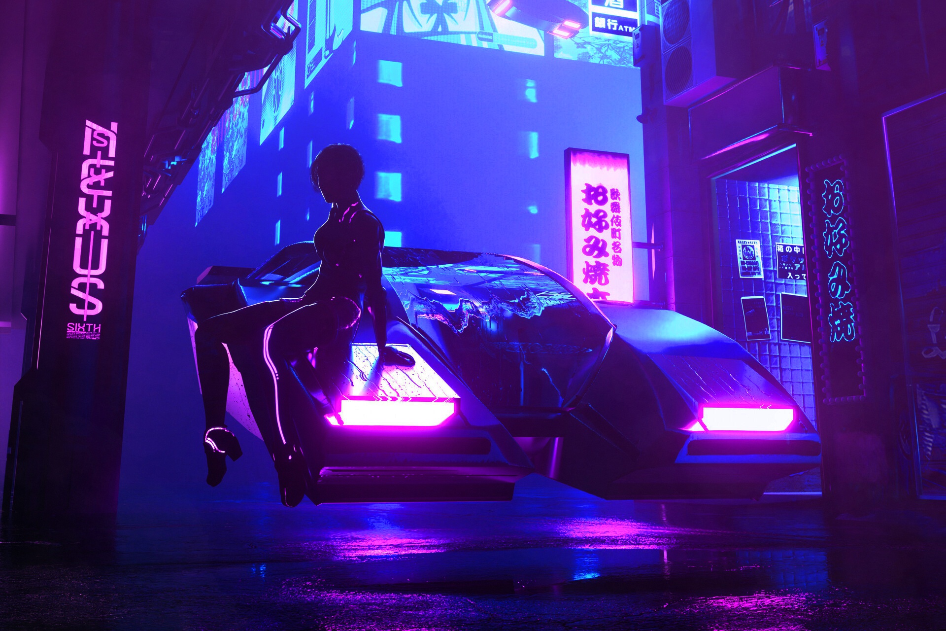 cyberpunk, neon, vehicle, futuristic, sci fi, night