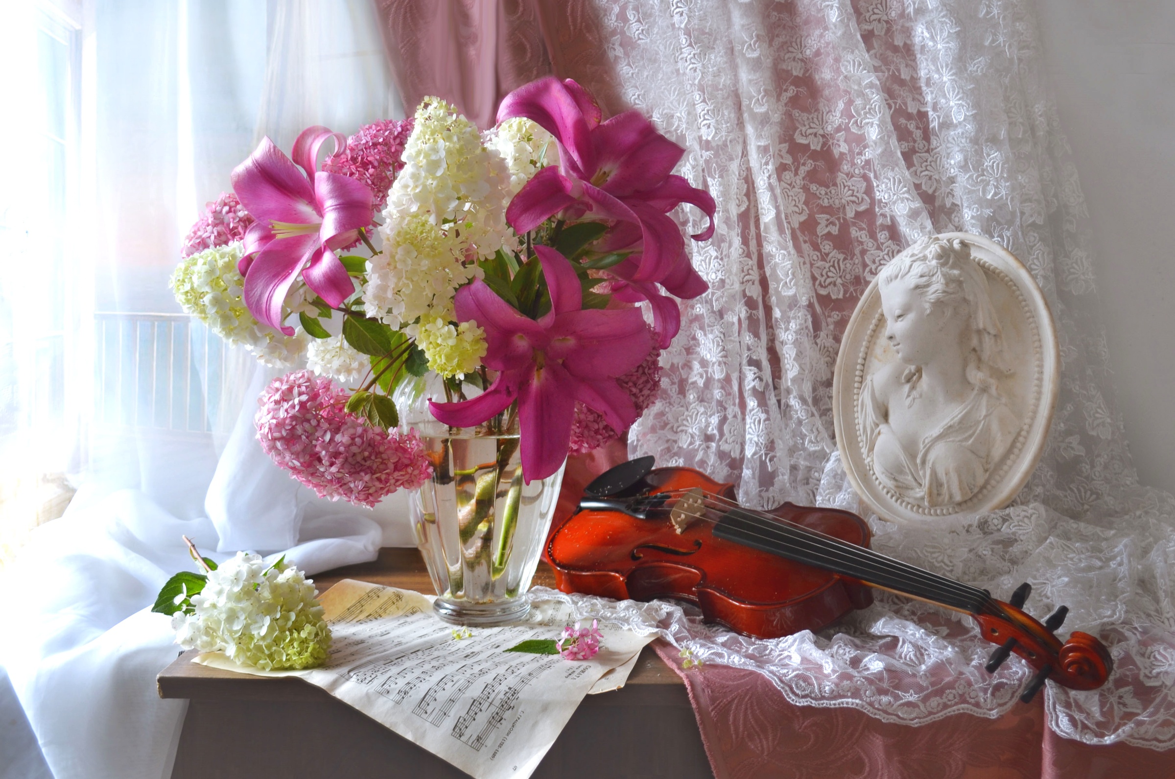 Free download wallpaper Still Life, Vase, Lily, Hydrangea, Photography, Violin, Sheet Music on your PC desktop