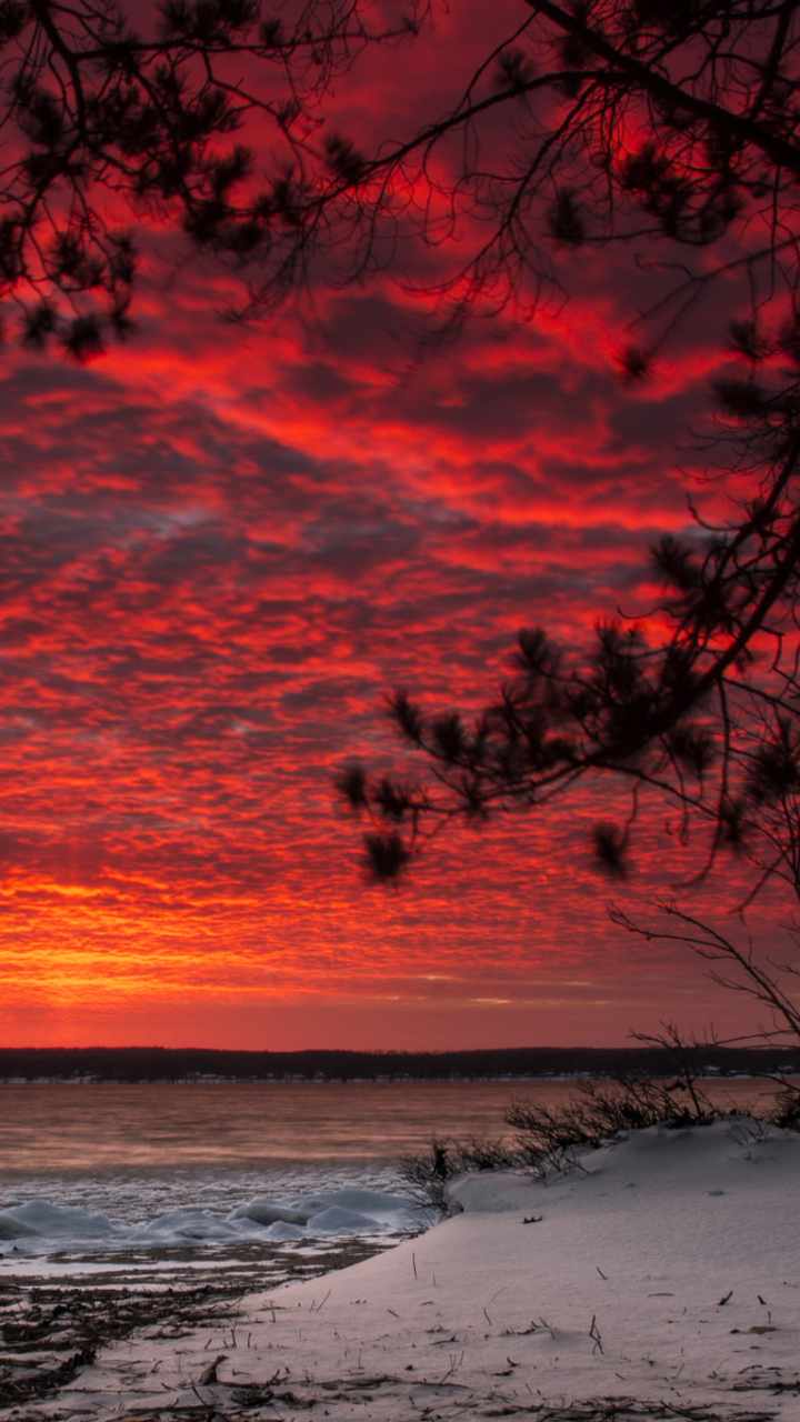 Descarga gratuita de fondo de pantalla para móvil de Paisaje, Invierno, Cielo, Lago, Árbol, Tierra, Atardecer, Tierra/naturaleza, Color Naranja).