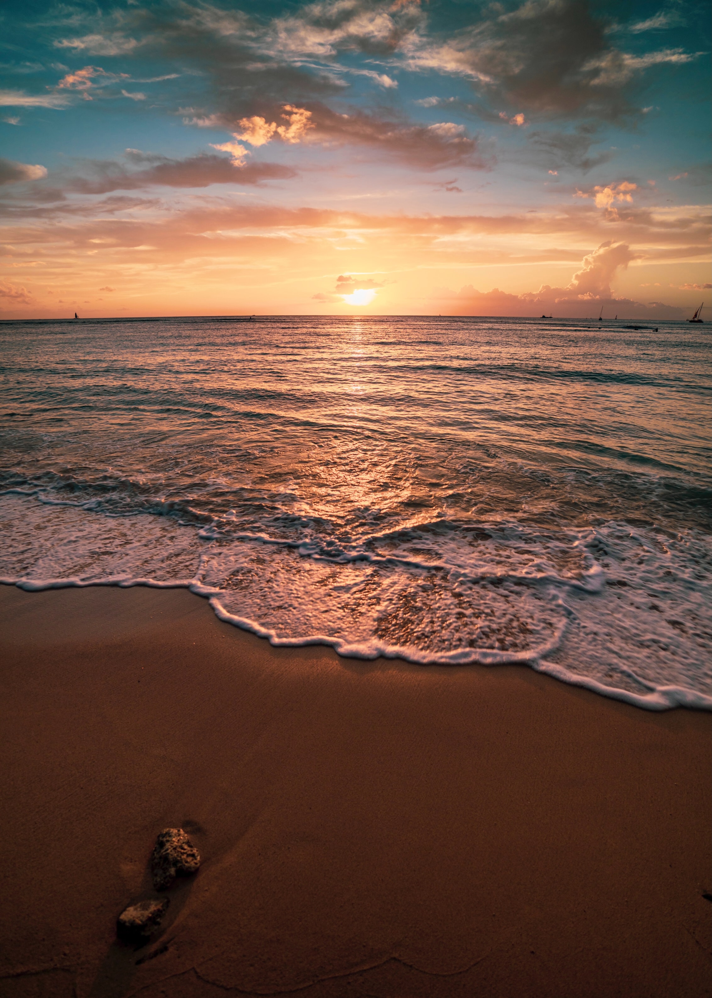 sunset, waves, nature, water, sea, twilight, beach, dusk HD wallpaper