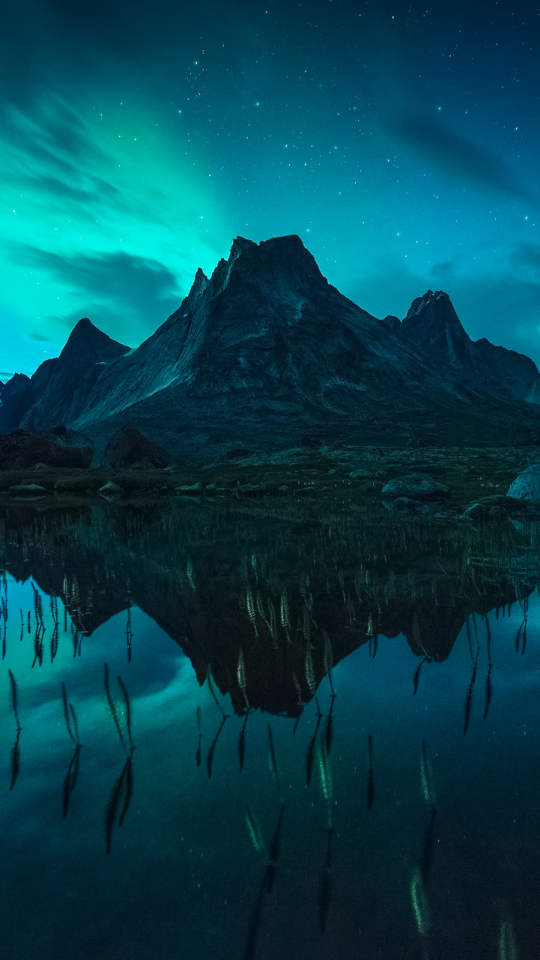 Download mobile wallpaper Landscape, Nature, Sky, Night, Mountain, Lake, Reflection, Earth, Aurora Borealis for free.