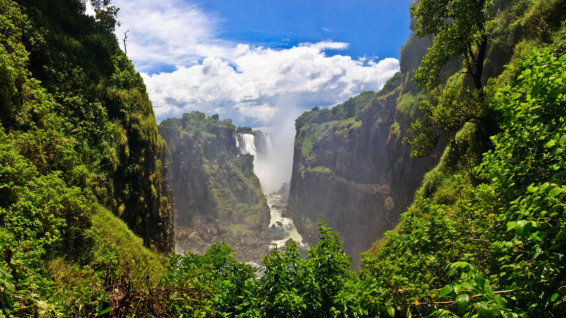 Free download wallpaper Waterfalls, Waterfall, Tree, Earth, Cloud, River on your PC desktop