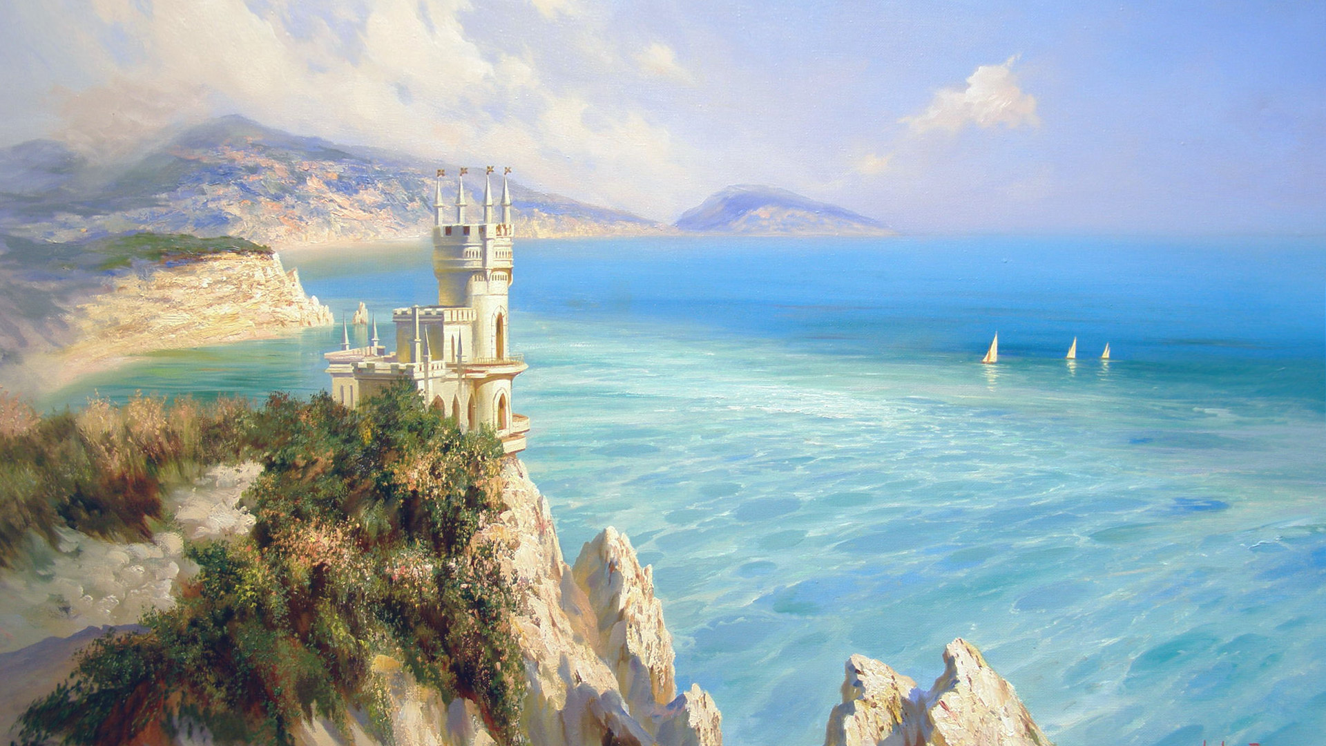Download mobile wallpaper Landscape, Fantasy, Horizon, Mountain, Ocean, Painting, Artistic, Castle for free.