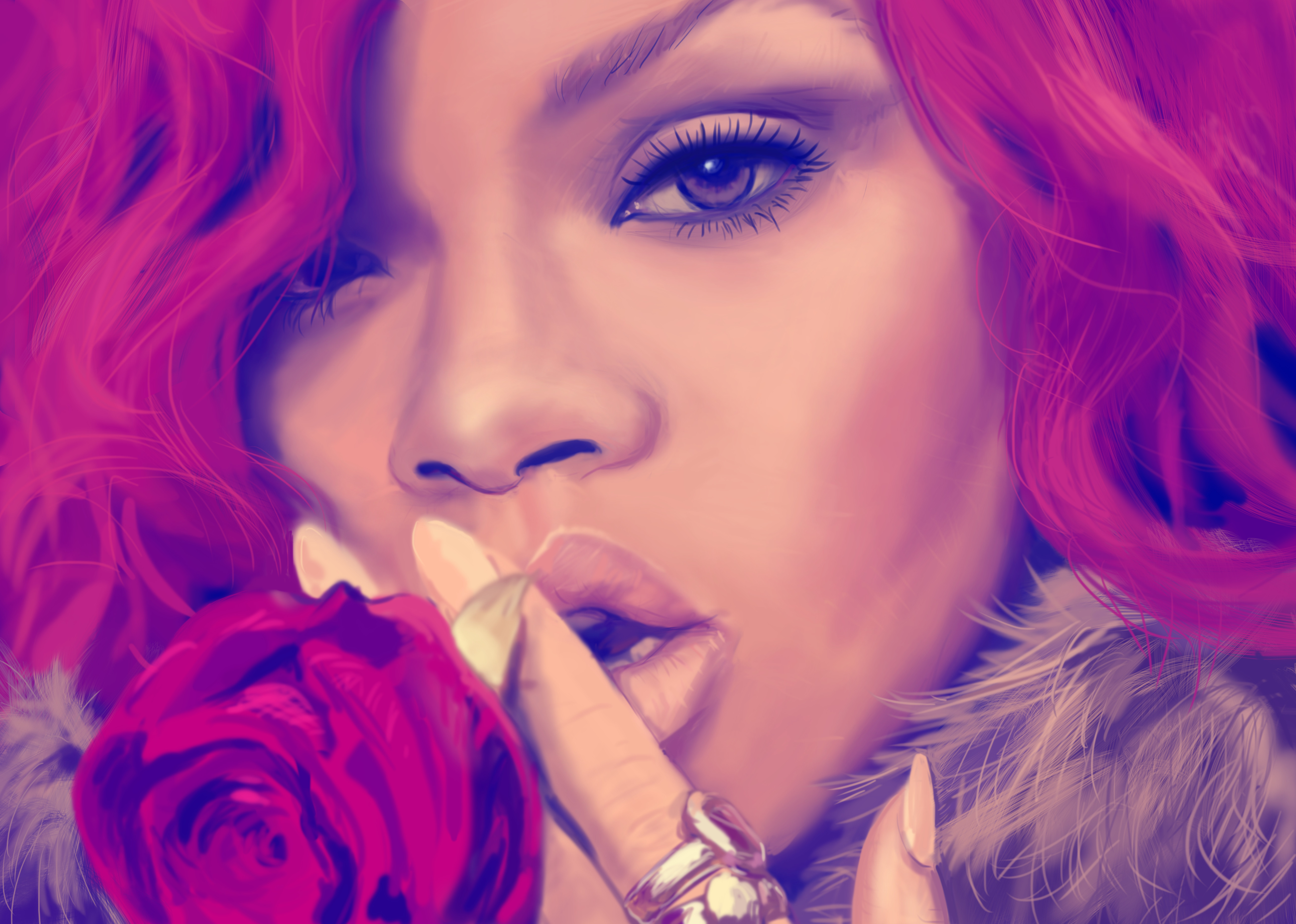 Free download wallpaper Music, Rihanna, Painting, Singer, Face, Pink Hair, Actress, Barbadian on your PC desktop