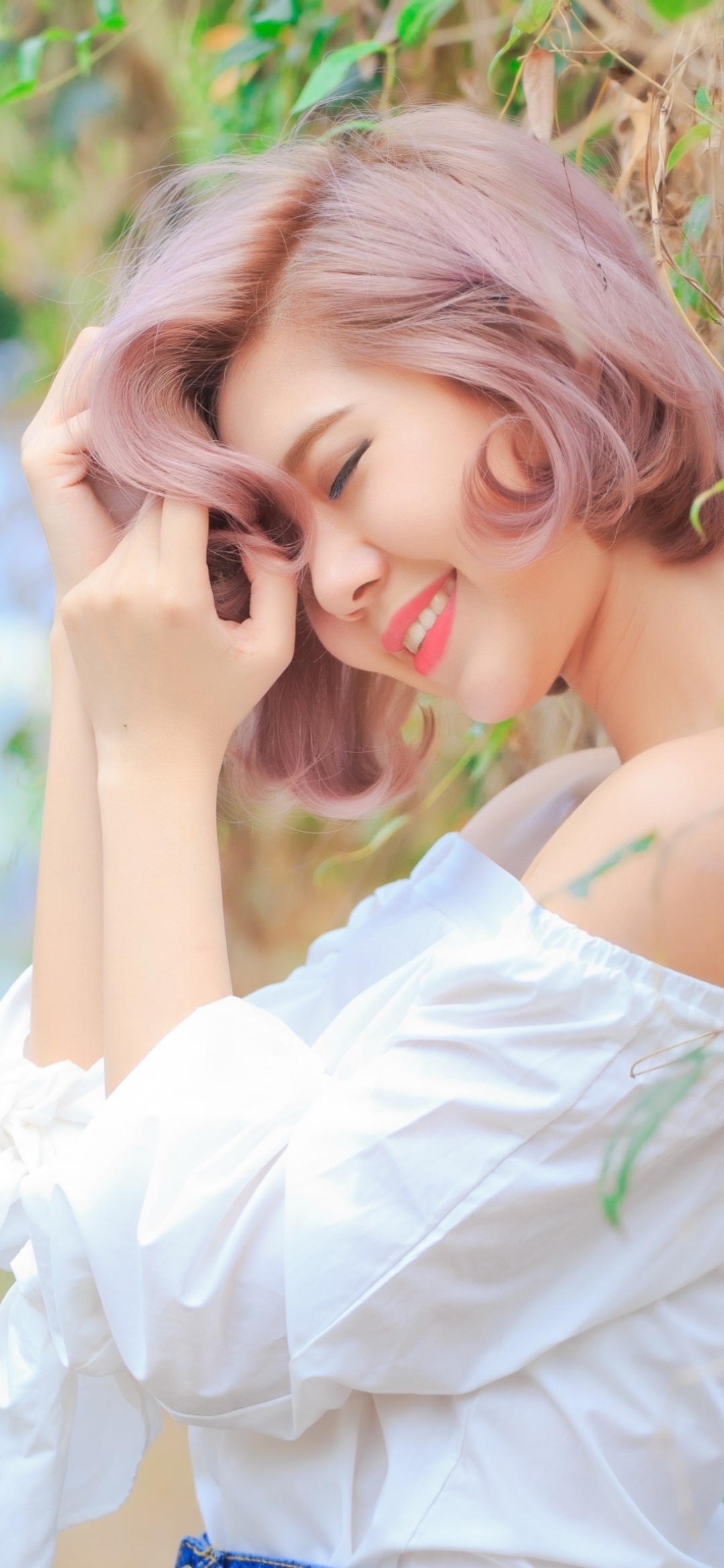 Download mobile wallpaper Smile, Model, Women, Pink Hair, Asian for free.