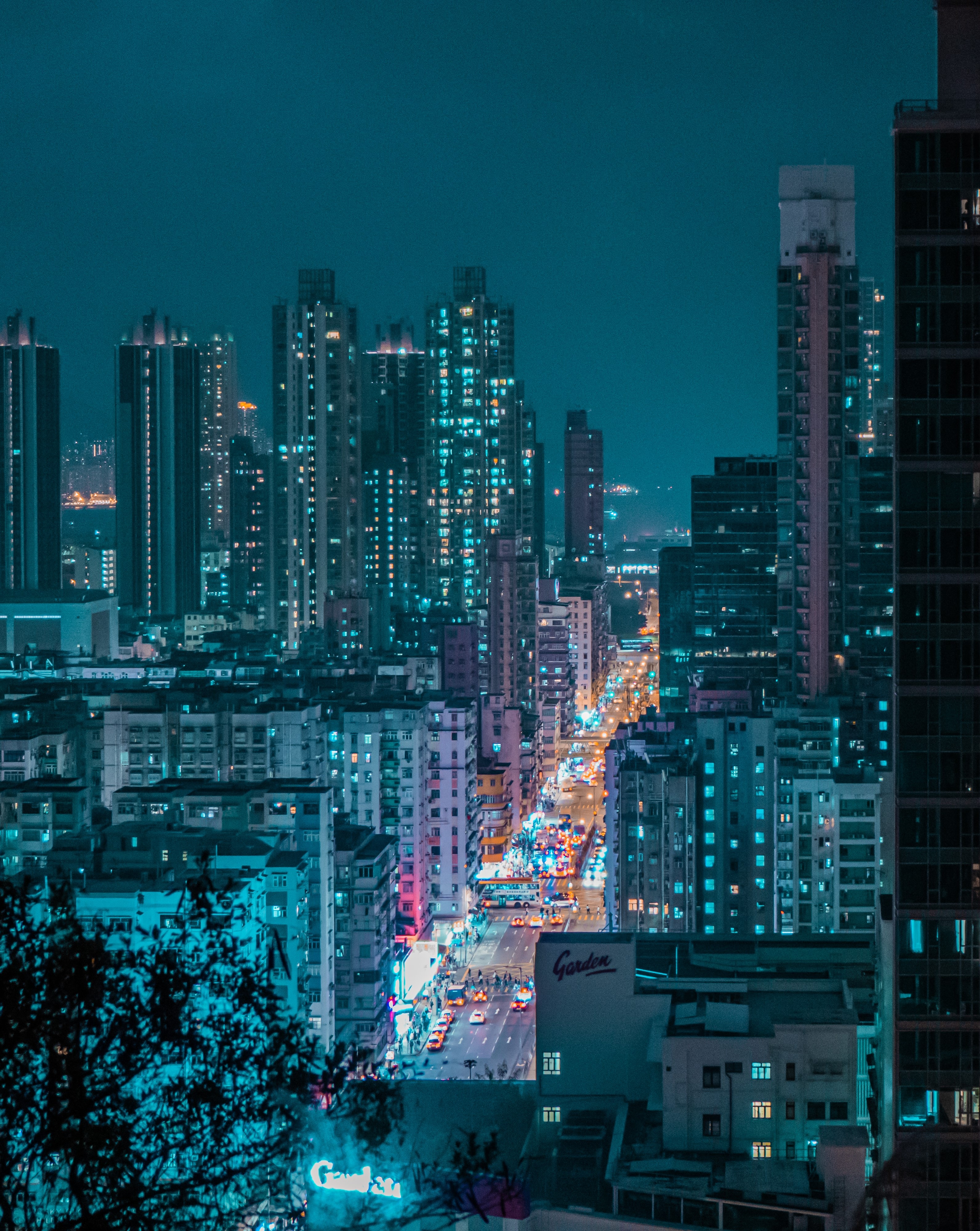 night city, view from above, cities, city, building, lights, road