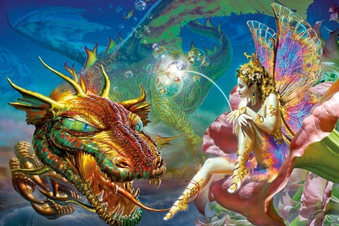 Free download wallpaper Fantasy, Gold, Flower, Wings, Dragon, Colorful, Fairy on your PC desktop