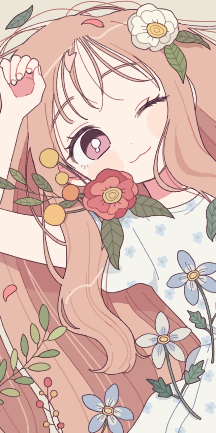 Download mobile wallpaper Anime, Flower, Girl, Wink, Long Hair, Brown Hair, Purple Eyes for free.