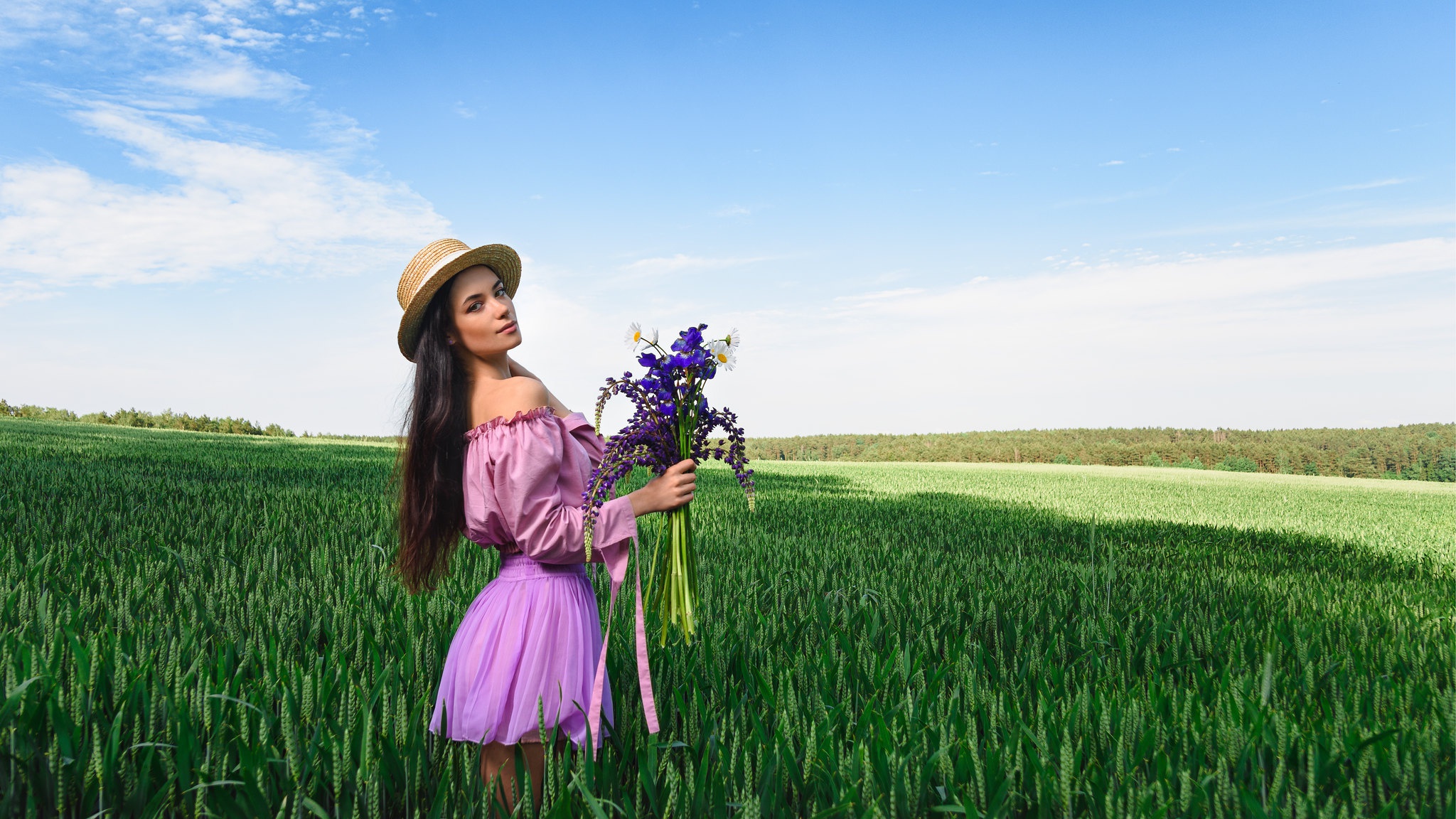 PCデスクトップに花, 帽子, モデル, 女性, 黒髪, 長い髪, 分野, 紫のドレス画像を無料でダウンロード