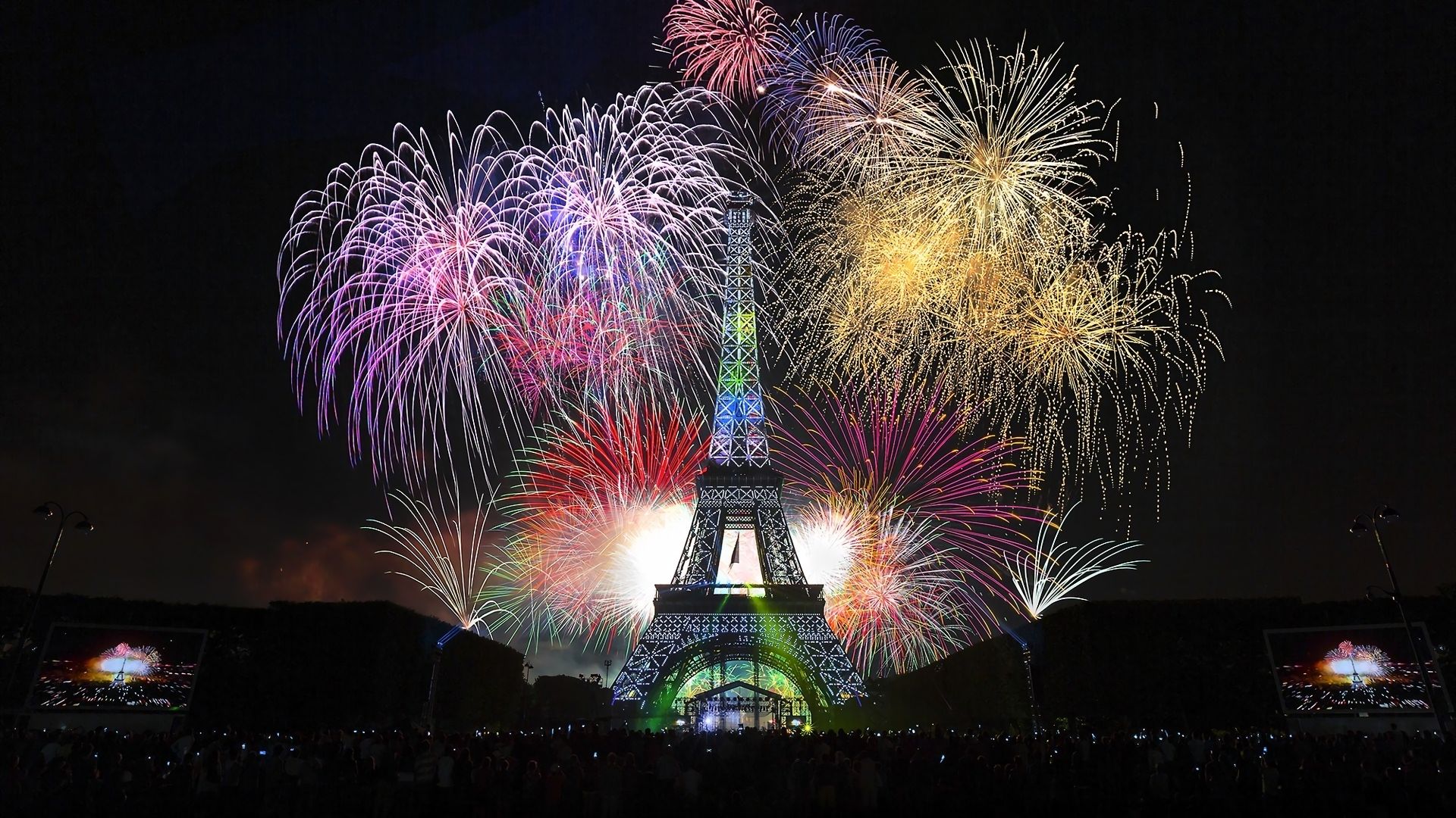 Download mobile wallpaper Night, Paris, Eiffel Tower, Fireworks, Monument, Photography for free.