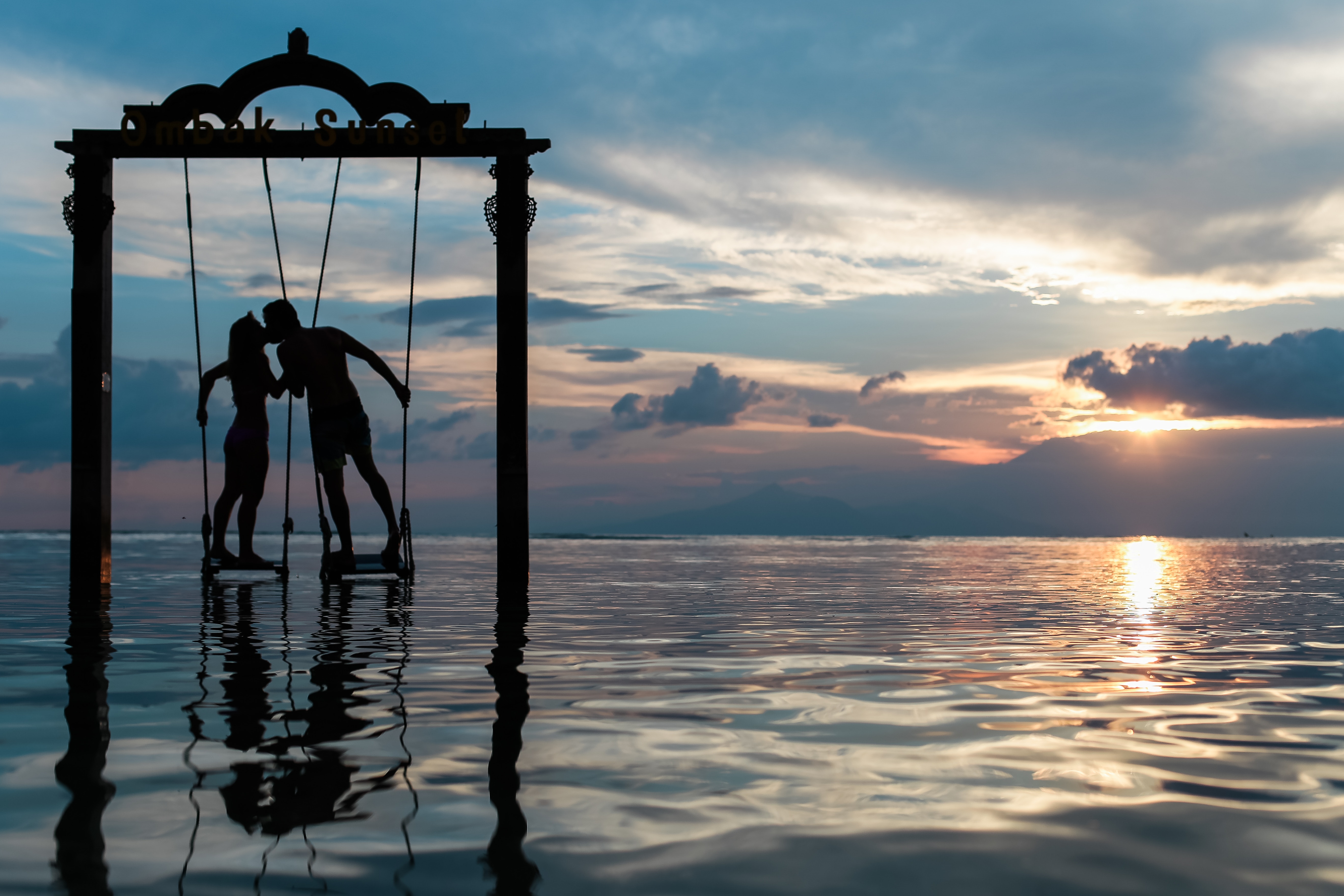 Full HD Wallpaper romance, couple, sunset, sea, love, pair, silhouettes, swing