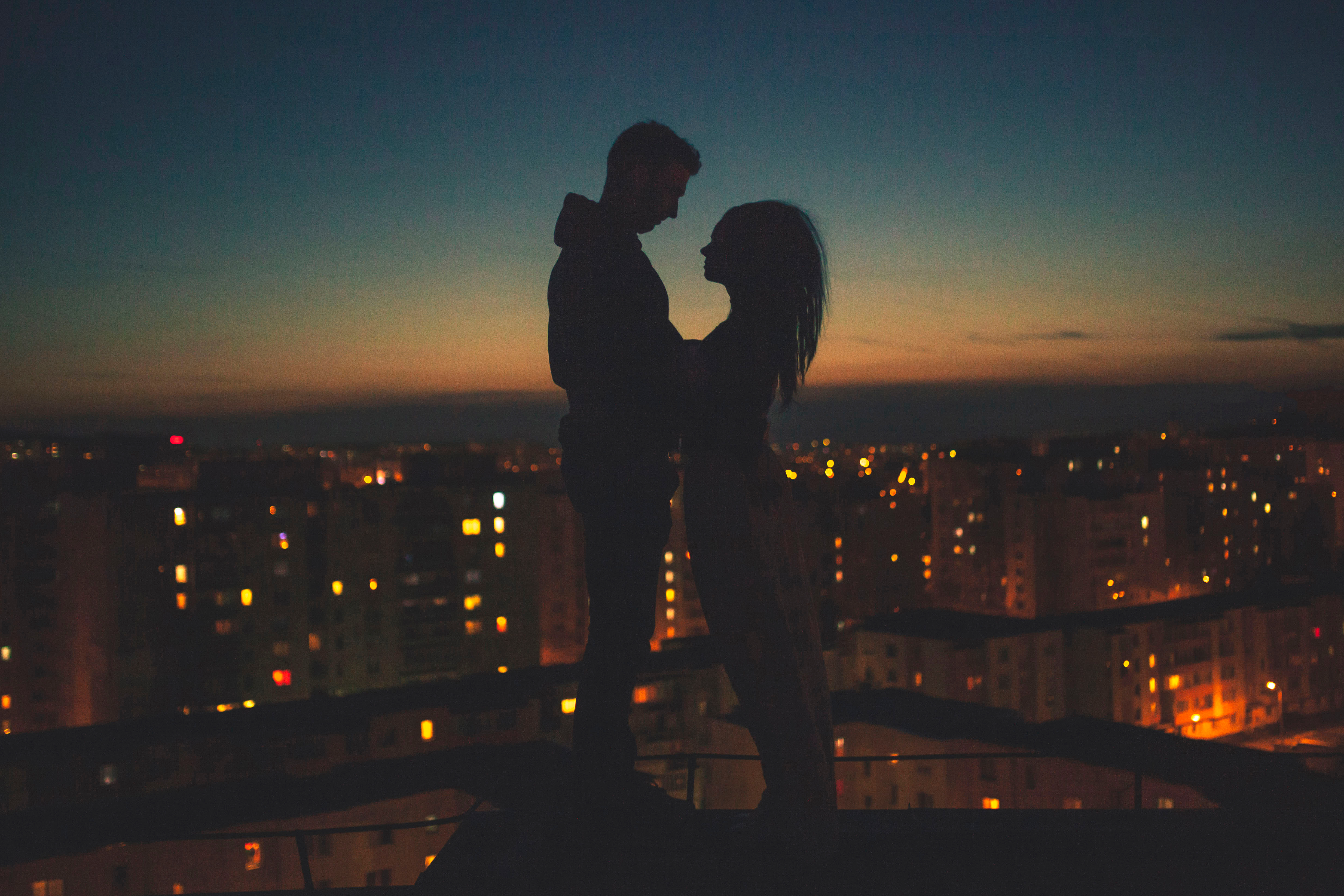 love, couple, pair, silhouettes, night city, romance