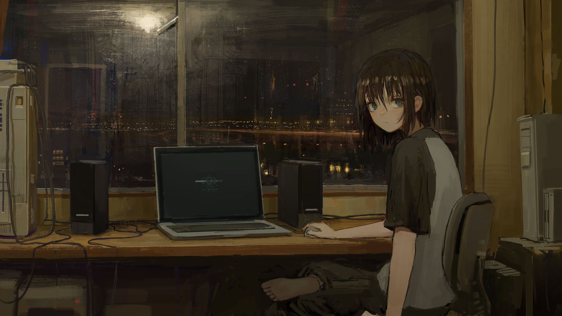 laptop, computer, anime, original, black hair, feet, room