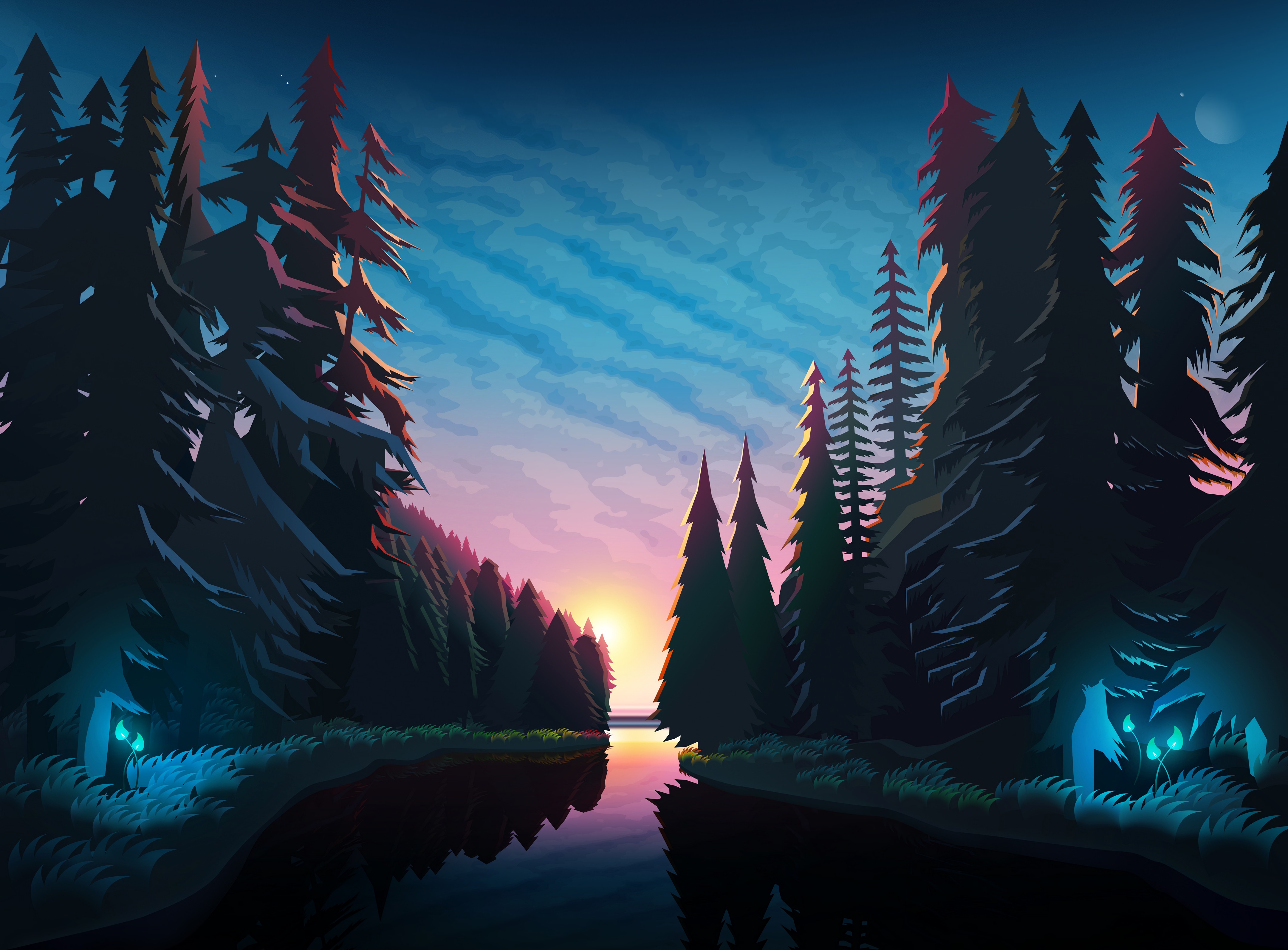 Laden Sie das Sunset, Wald, Kunst, Flüsse, Landschaft-Bild kostenlos auf Ihren PC-Desktop herunter