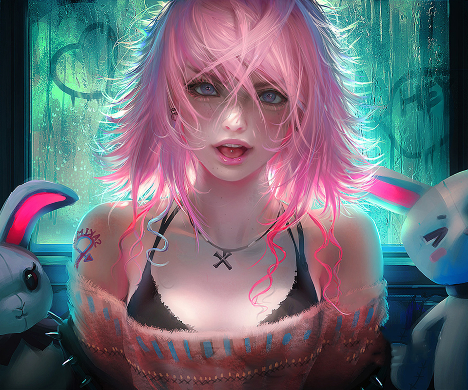 Free download wallpaper Anime, Tattoo, Rabbit, Original, Pink Hair, Purple Eyes on your PC desktop