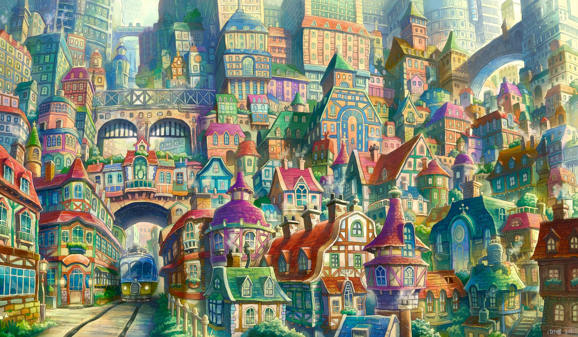 Laden Sie das Fantasie, Haus, Farben, Bunt, Animes, Großstadt-Bild kostenlos auf Ihren PC-Desktop herunter