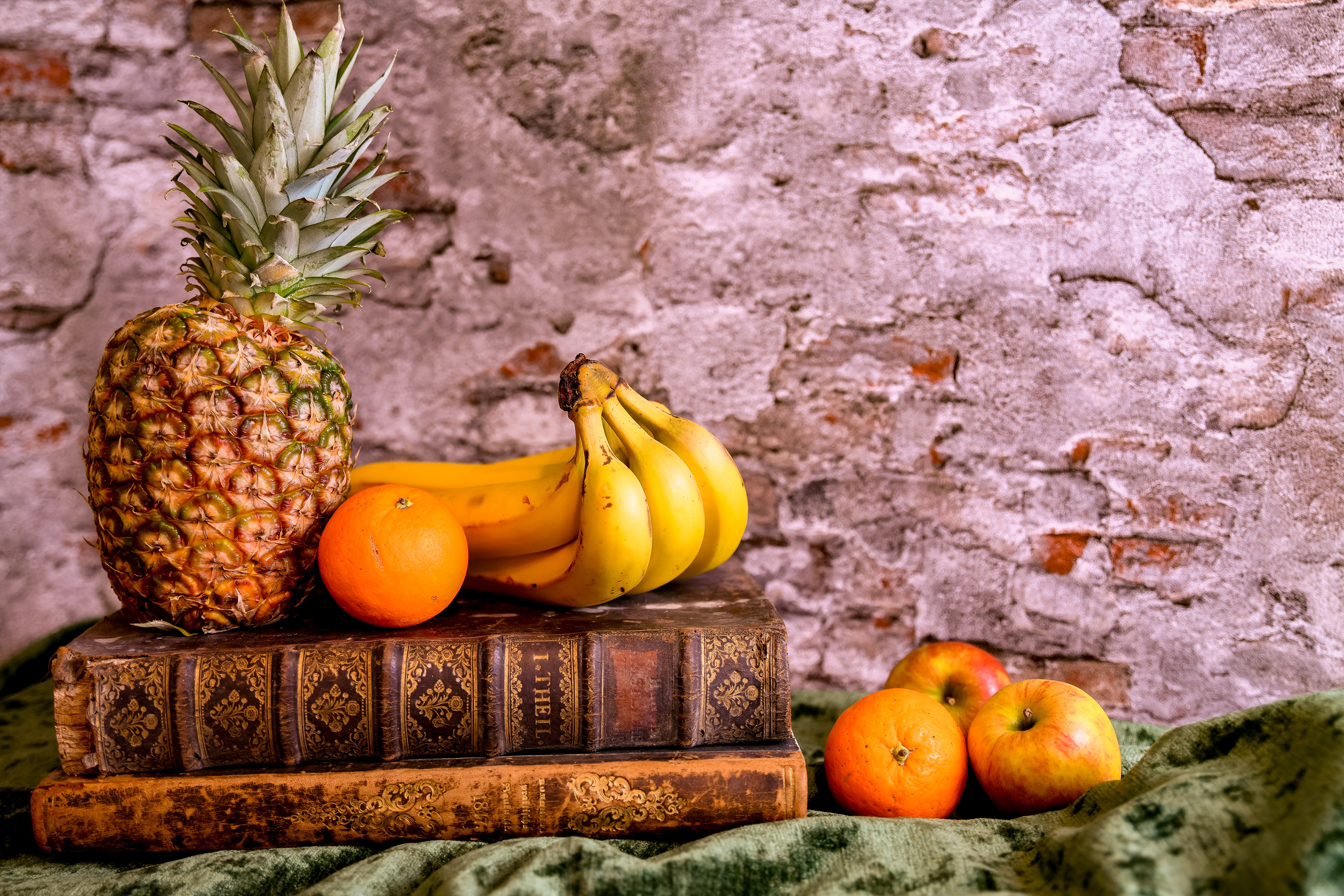 Download mobile wallpaper Apple, Still Life, Book, Banana, Photography, Pineapple for free.
