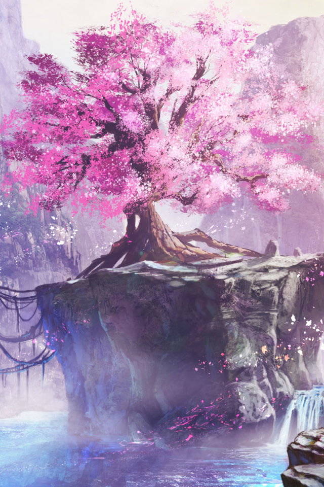 Download mobile wallpaper Anime, Landscape, Nature, Tree, Cherry Blossom, Blossom for free.