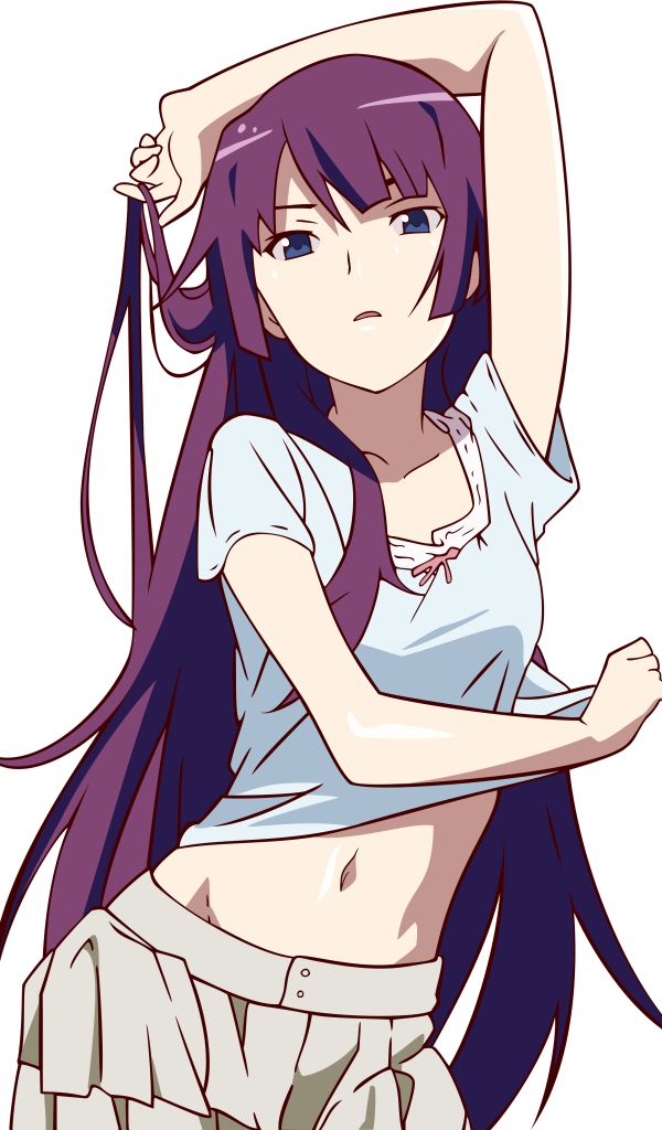 Handy-Wallpaper Blaue Augen, Lila Haare, Animes, Lange Haare, Monogatari (Serie), Hitagi Senjogahara kostenlos herunterladen.