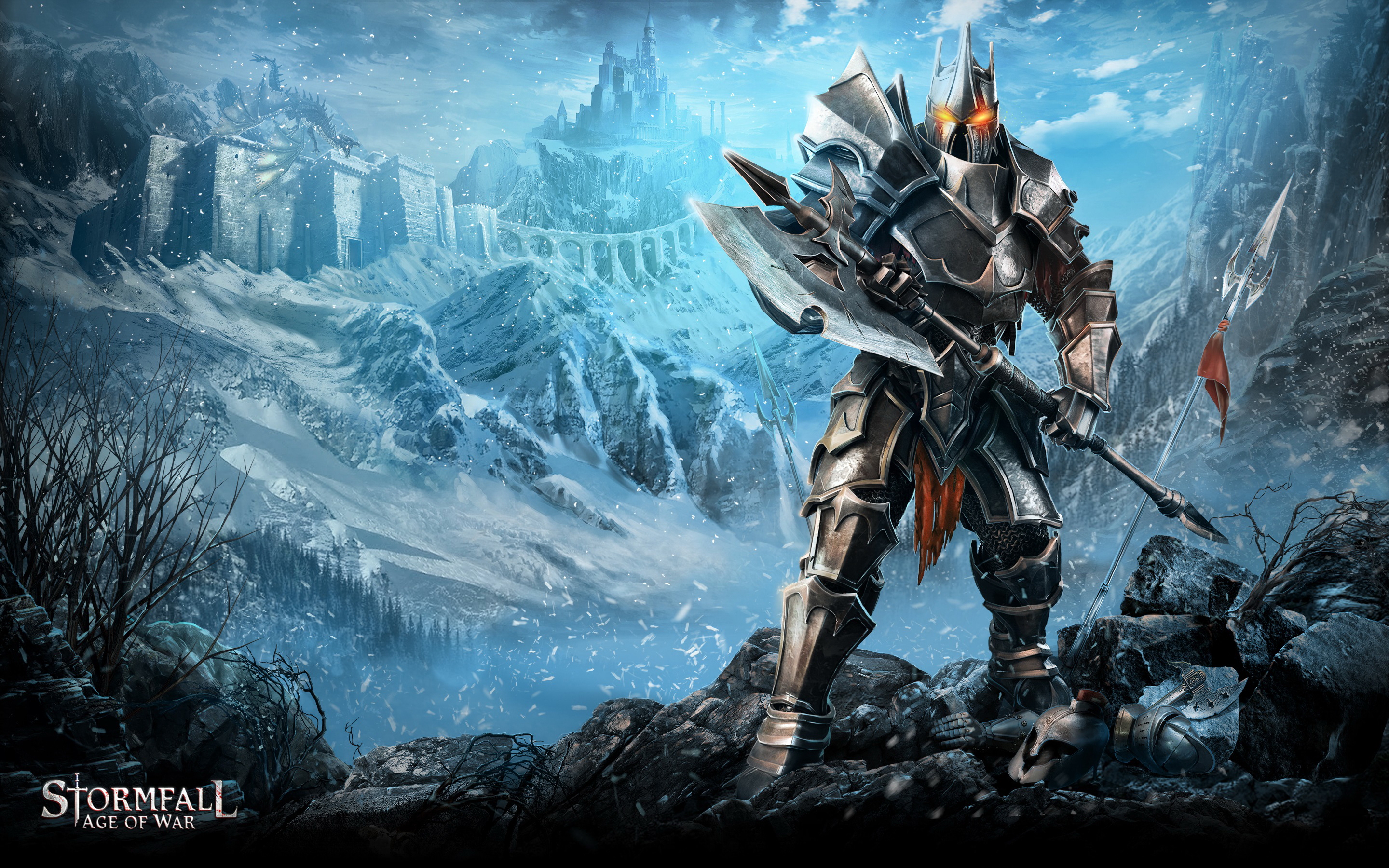 Download mobile wallpaper Winter, Weapon, Warrior, Snowfall, Armor, Video Game, Castle, Stormfall: Age Of War for free.