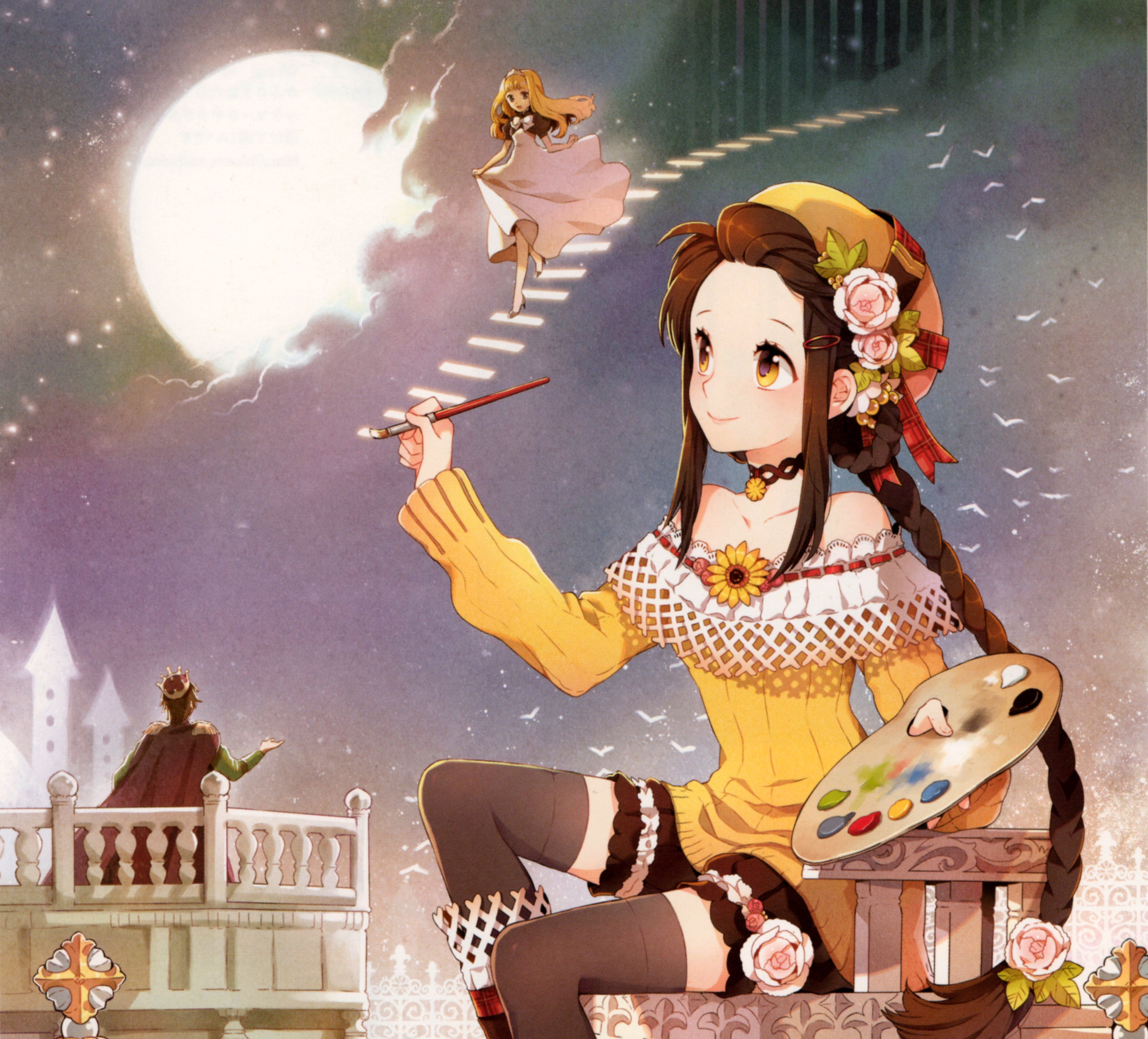 Free download wallpaper Anime, Stars, Moon, Flower, Paint, Crown, Smile, Blonde, Sunflower, Hat, Yellow Eyes, Original, Blush, Long Hair, Brown Hair, Bow (Clothing) on your PC desktop