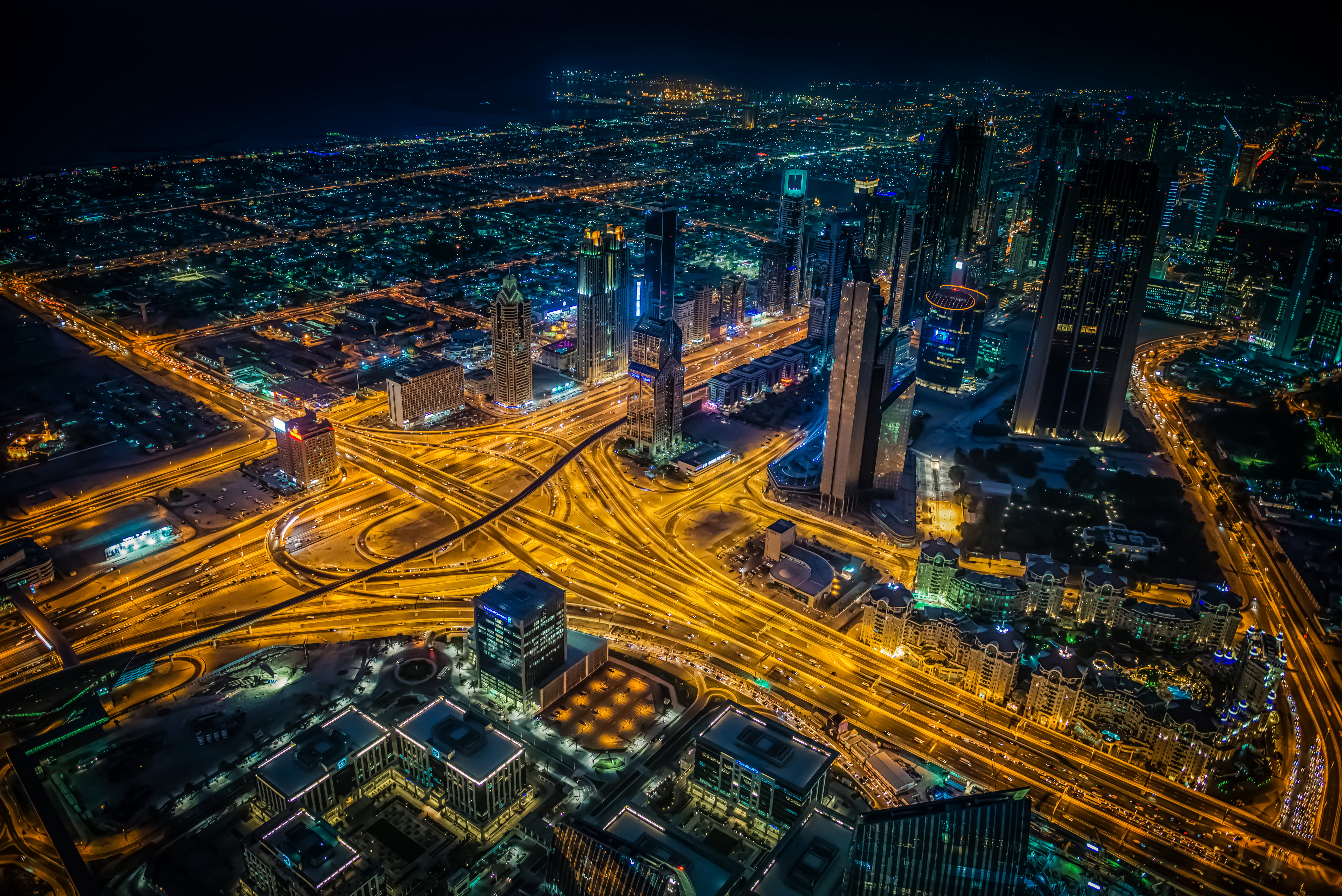roads, dubai, cities, view from above, night city, skyscrapers, crossroads, crossroad