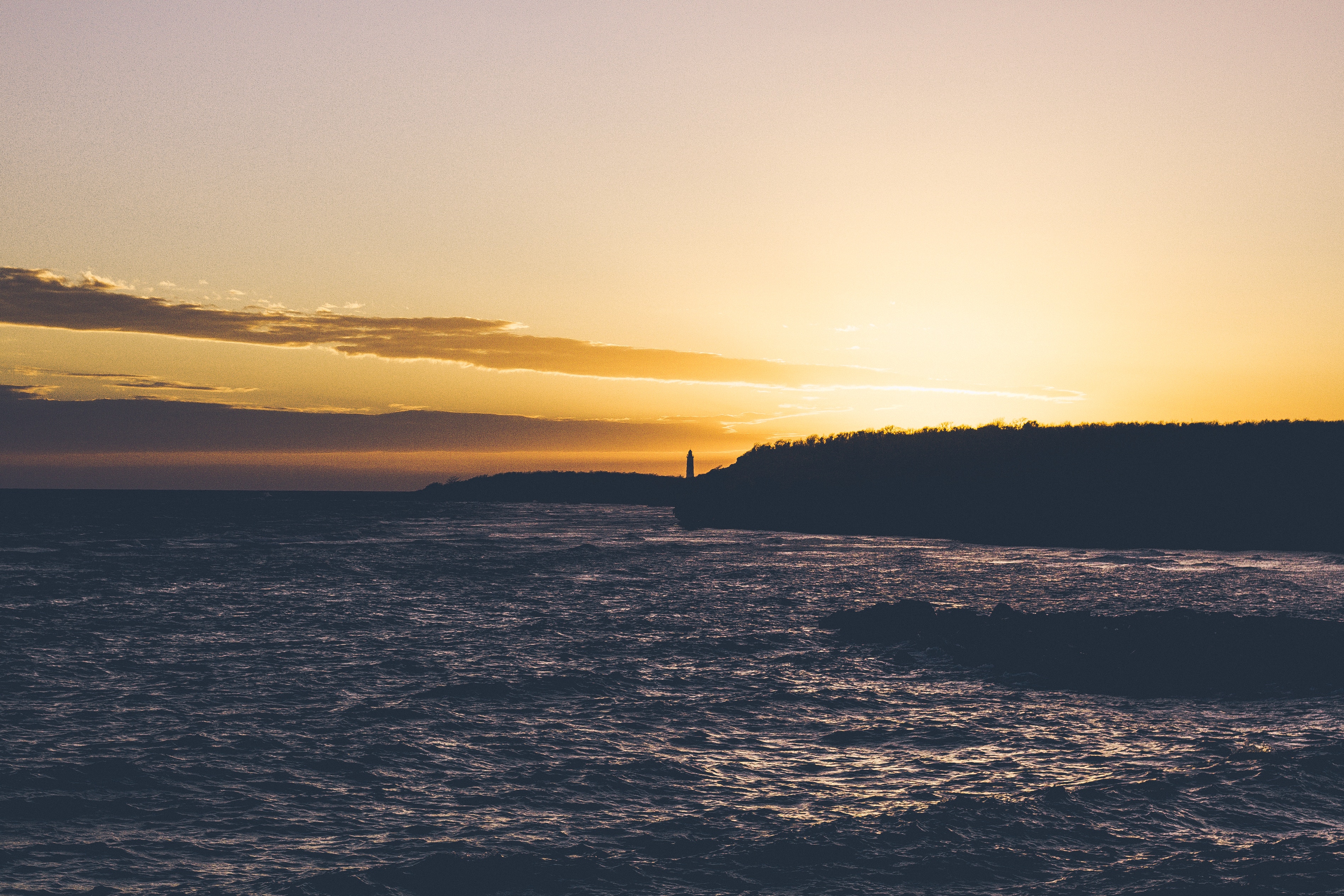 lighthouse, nature, sunset, horizon, shore, bank, bay