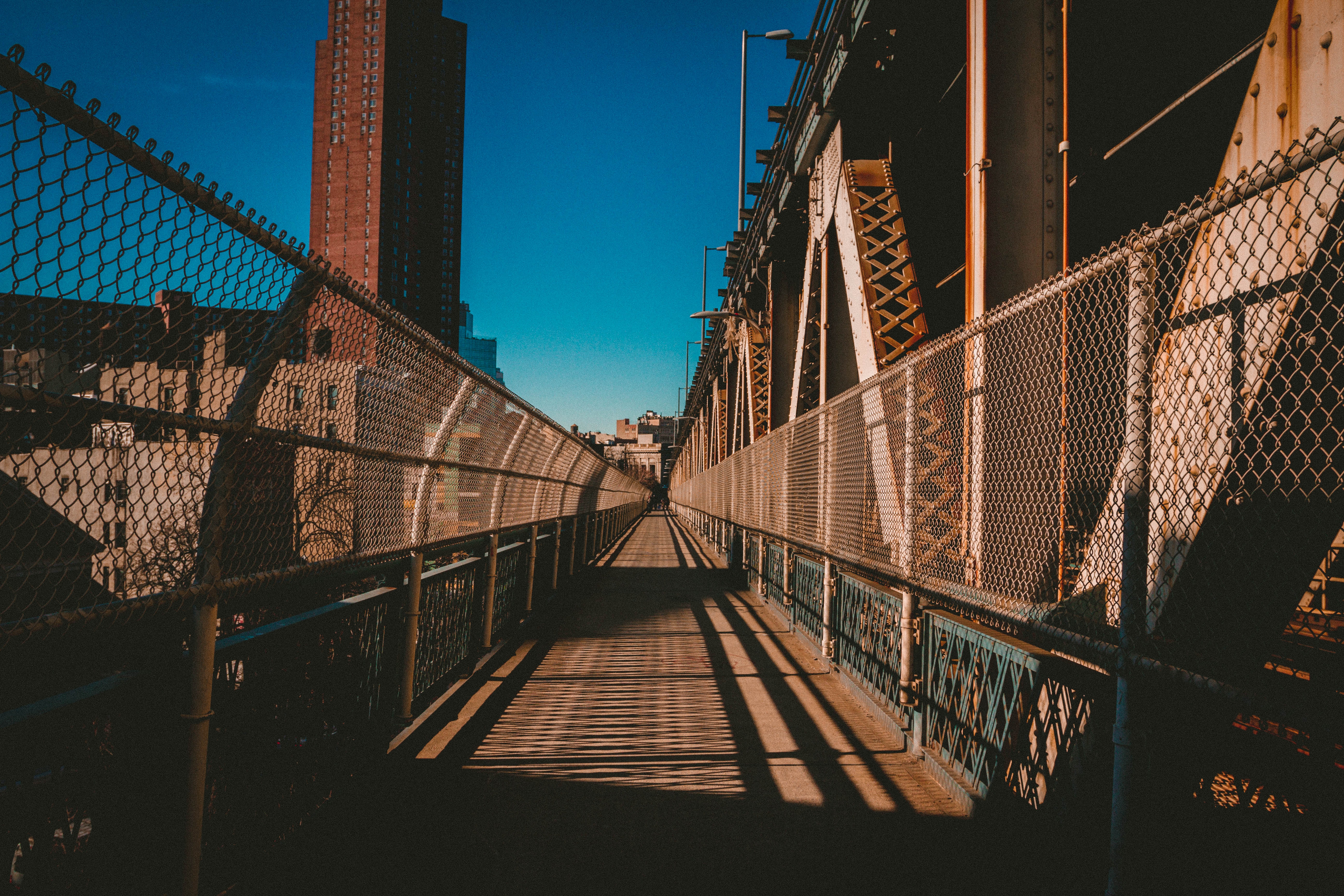 cities, bridge, transition, metal handrails