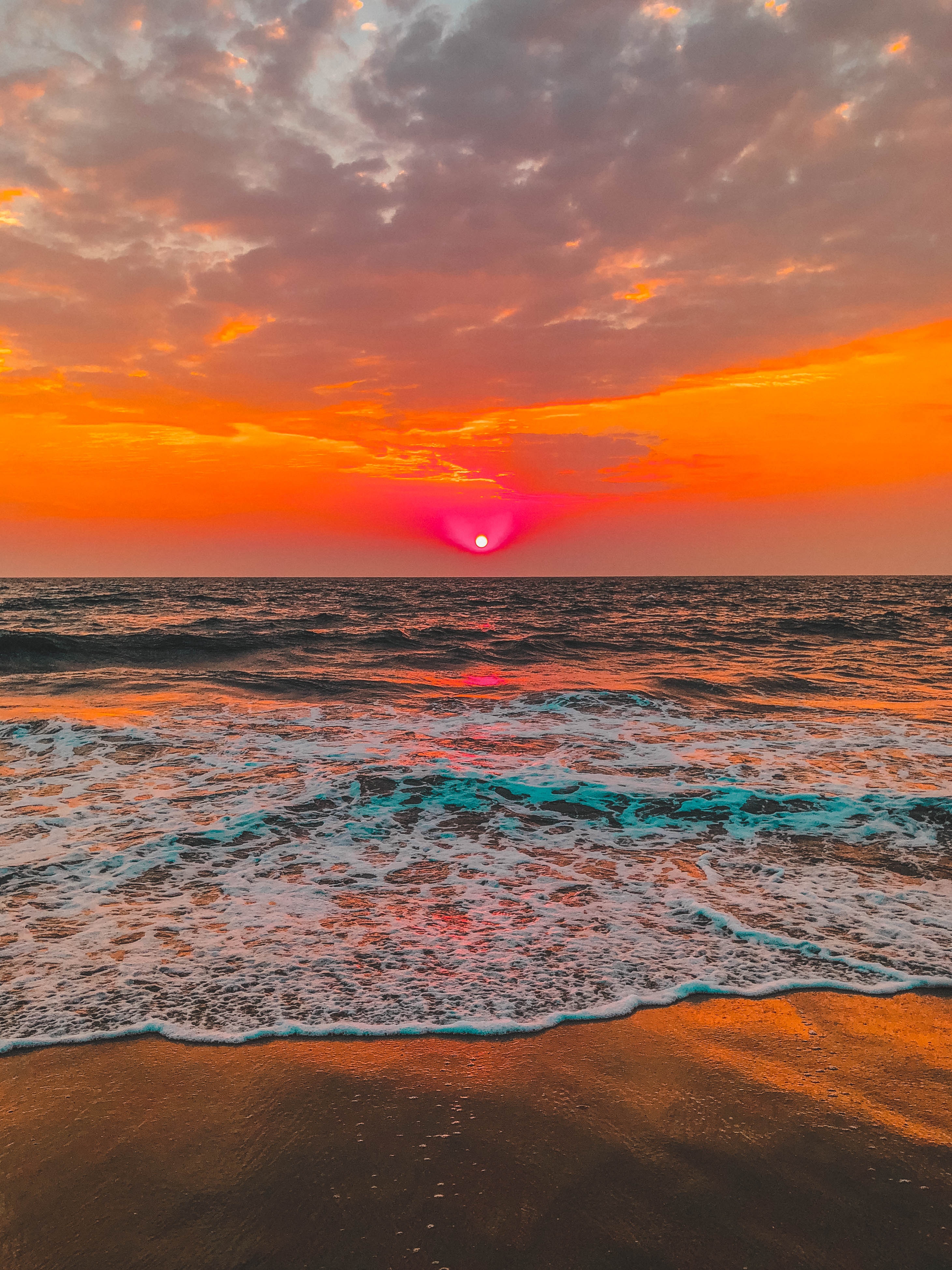 sunset, nature, surf, sky, horizon, foam for android