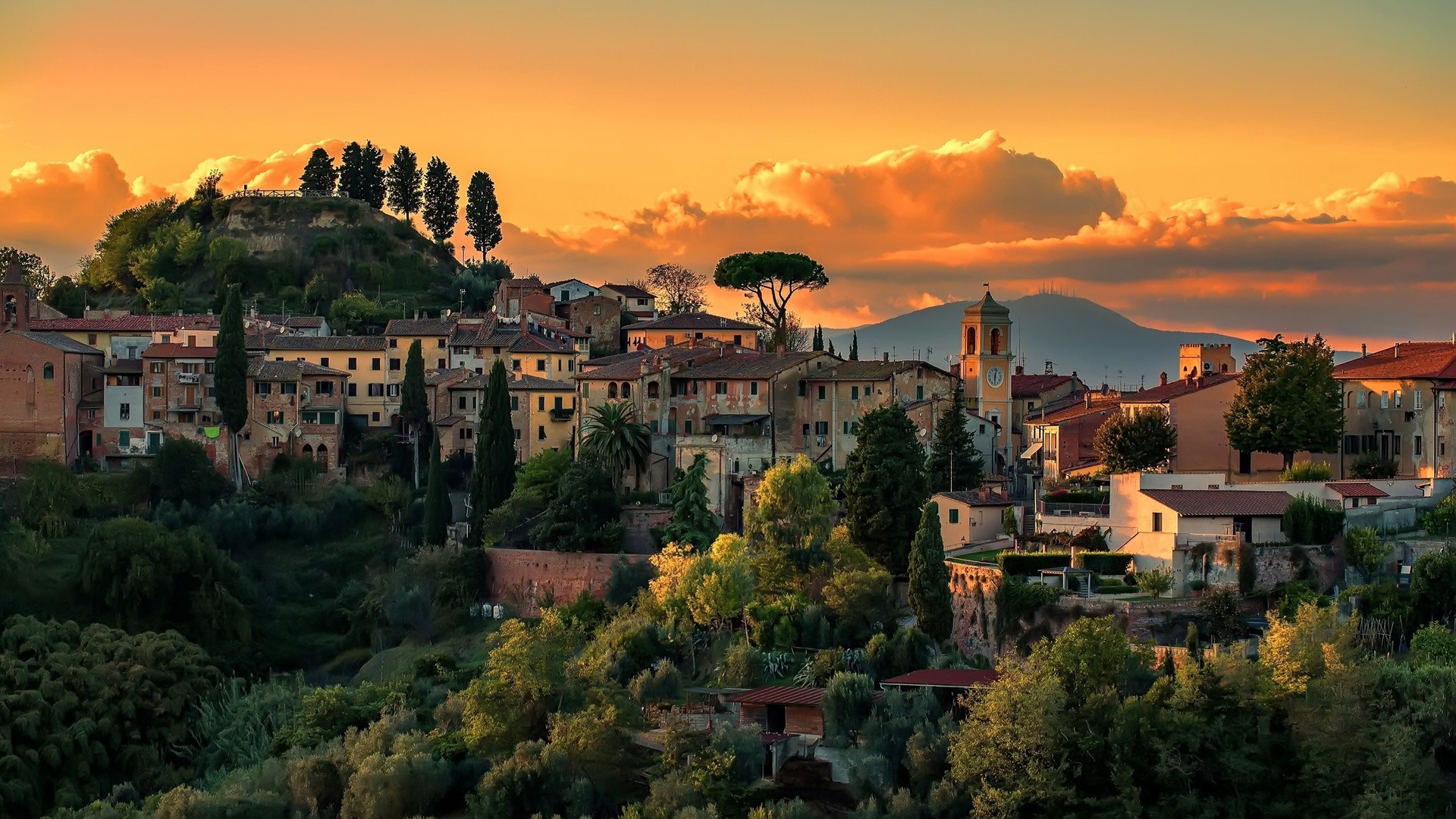 Handy-Wallpaper Landschaft, Städte, Italien, Stadt, Baum, Haus, Toskana, Sonnenuntergang, Menschengemacht kostenlos herunterladen.