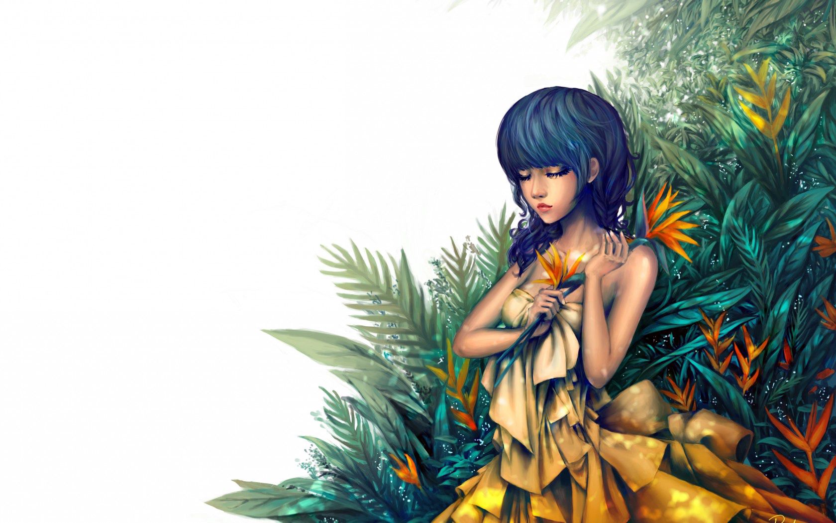 Free download wallpaper Yellow Dress, Closed Eyes, Art, Face, Girl, Plants, Painting on your PC desktop