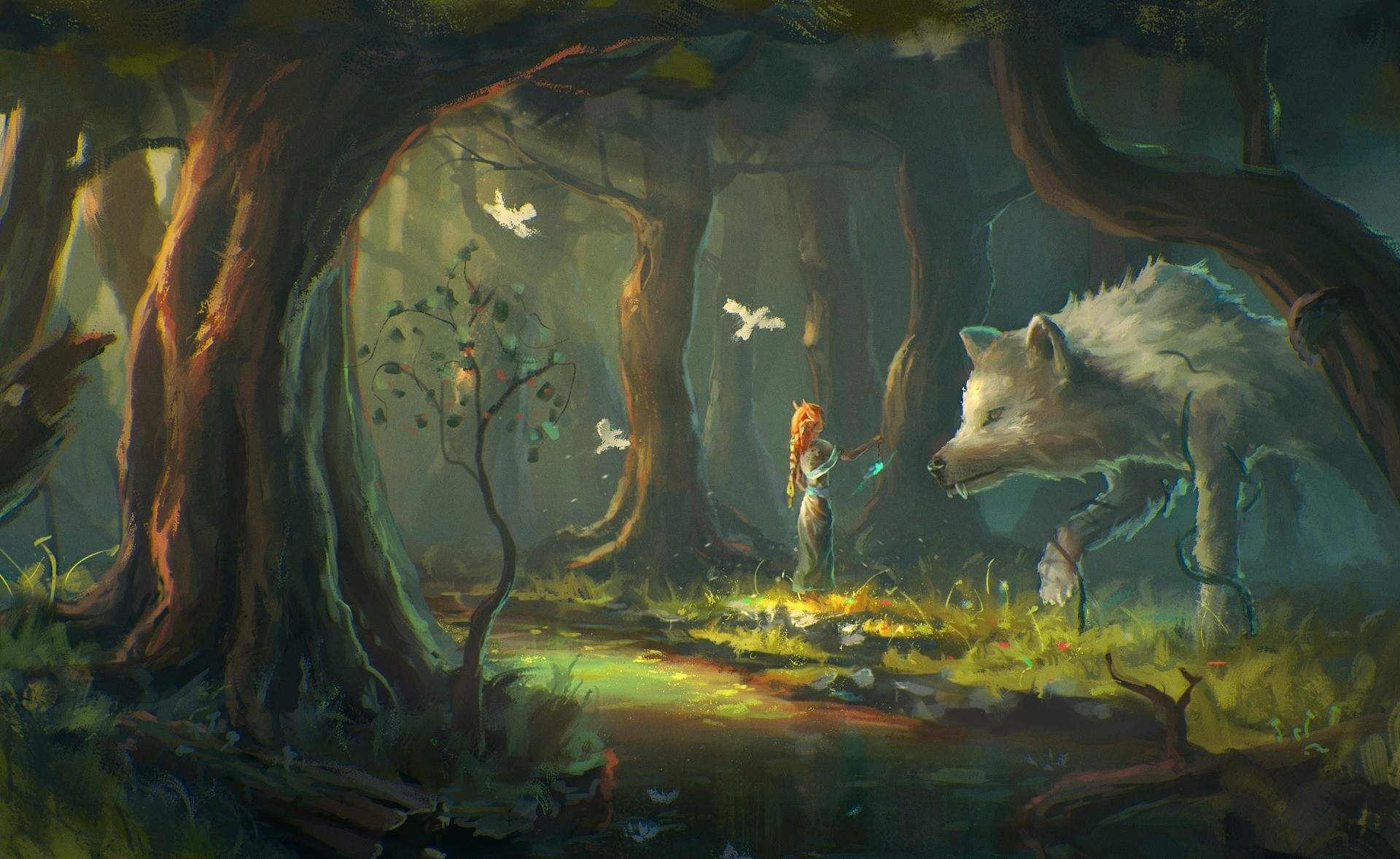 Free download wallpaper Fantasy, Forest, Tree, Wolf, Artistic on your PC desktop