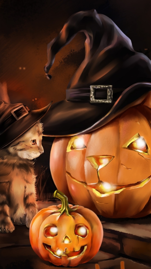 Descarga gratuita de fondo de pantalla para móvil de Gatito, Día Festivo, Víspera De Todos Los Santos, Jack O' Lantern, Feliz Halloween.