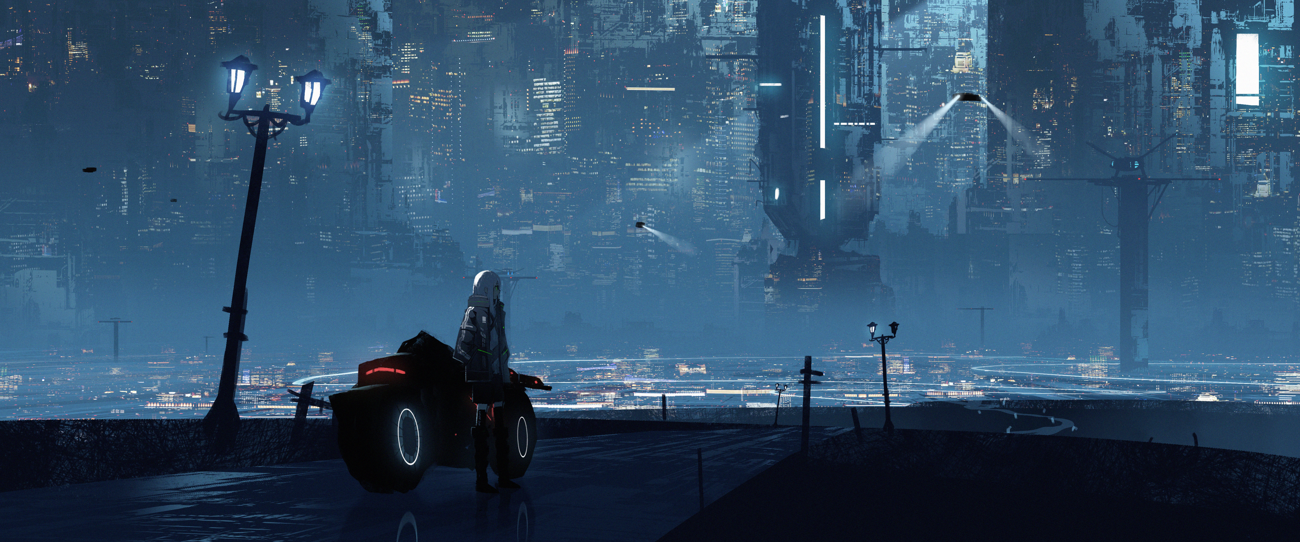 Free download wallpaper Anime, City, Motorcycle, Sci Fi, Futuristic, Vehicle, White Hair on your PC desktop