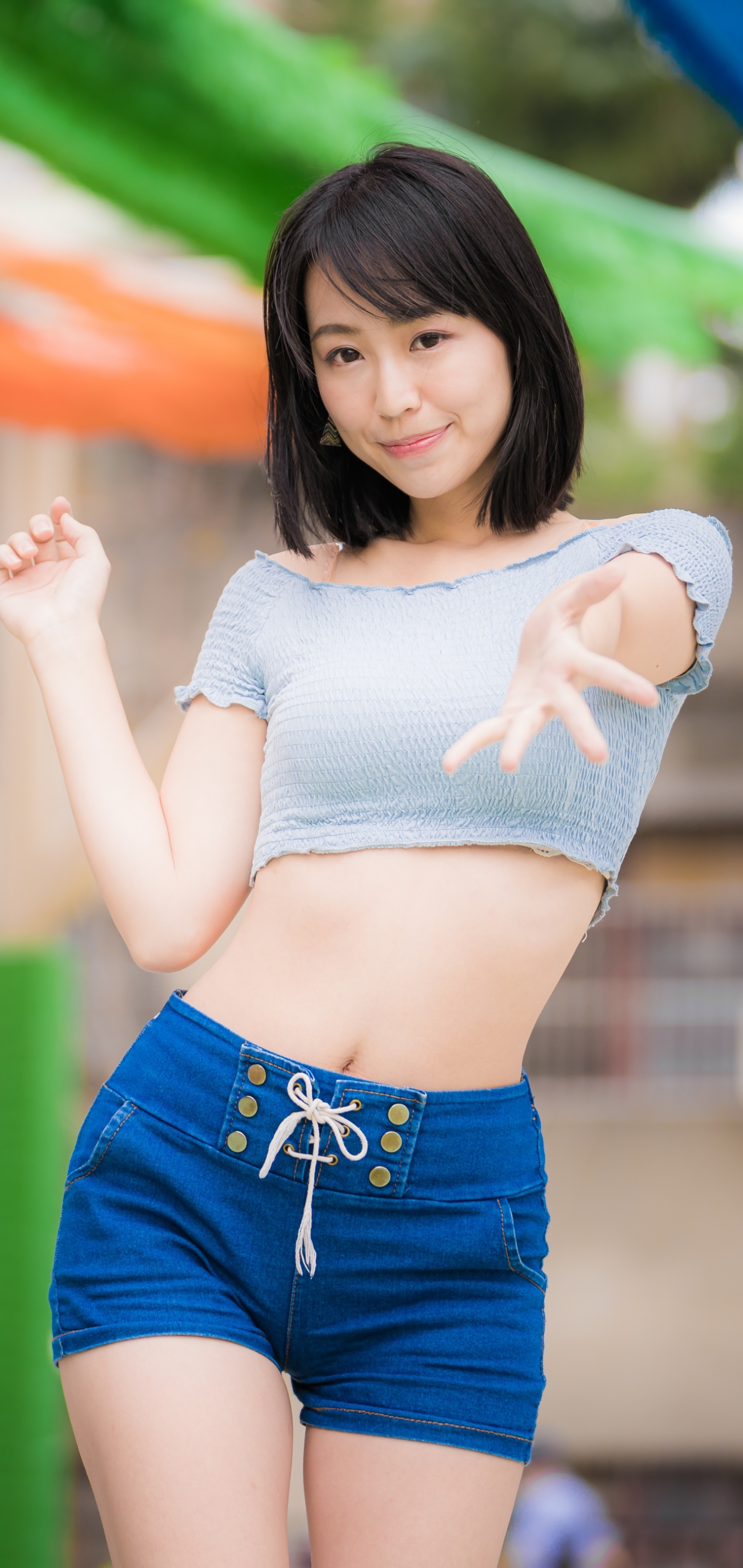 Download mobile wallpaper Model, Women, Shorts, Asian, Black Hair, Short Hair, Depth Of Field for free.