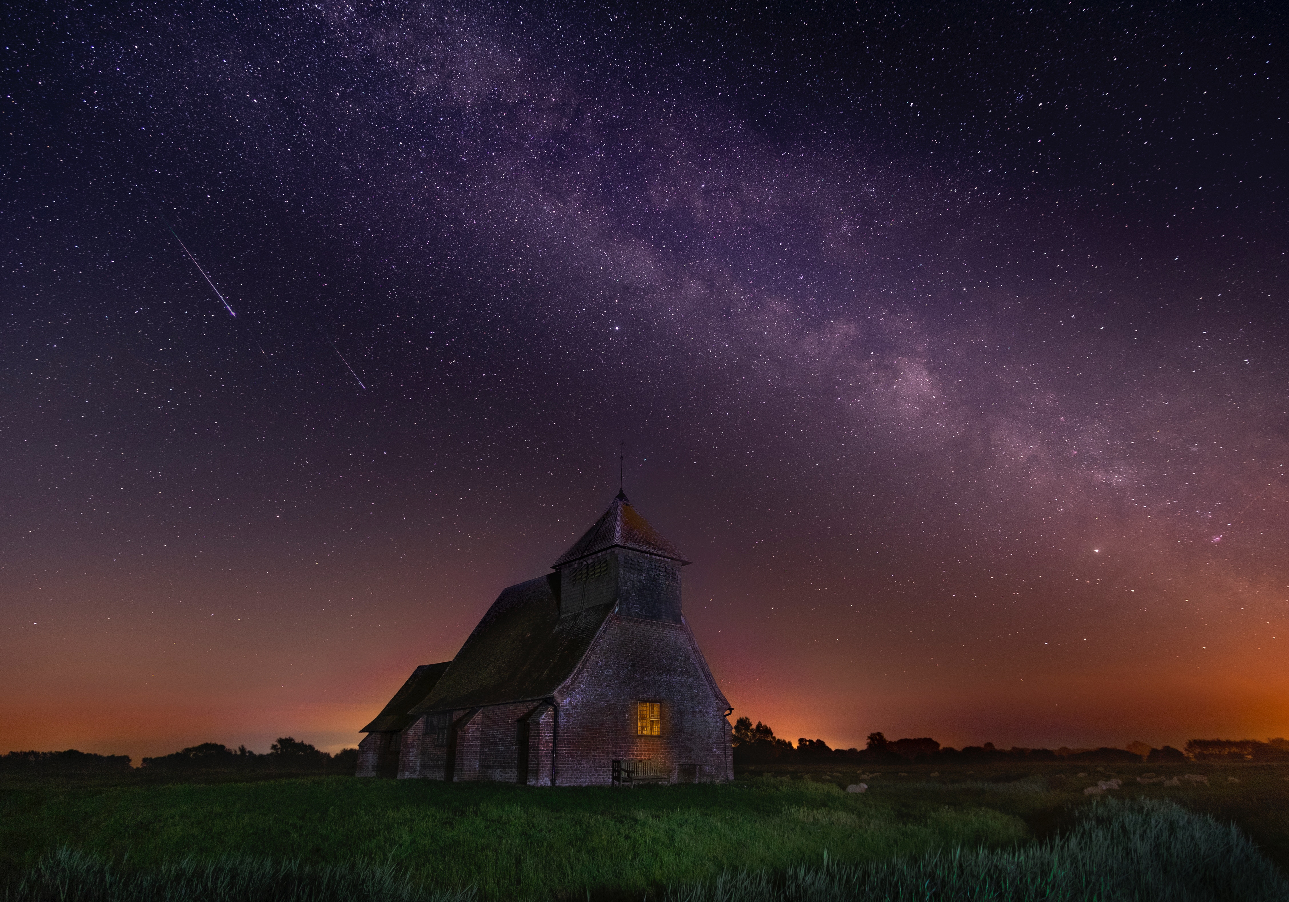 church, great britain, nature, night, structure, starry sky, united kingdom, fairfield