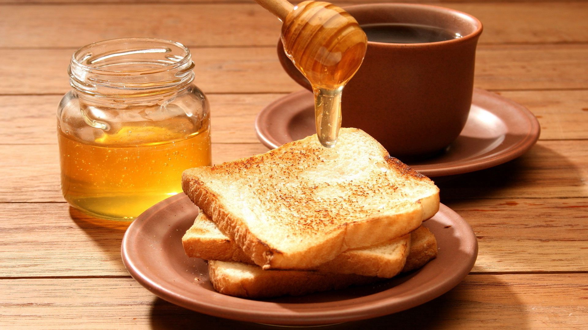 102180 скачать картинку мед, еда, хлеб, чай, тосты - обои и заставки бесплатно