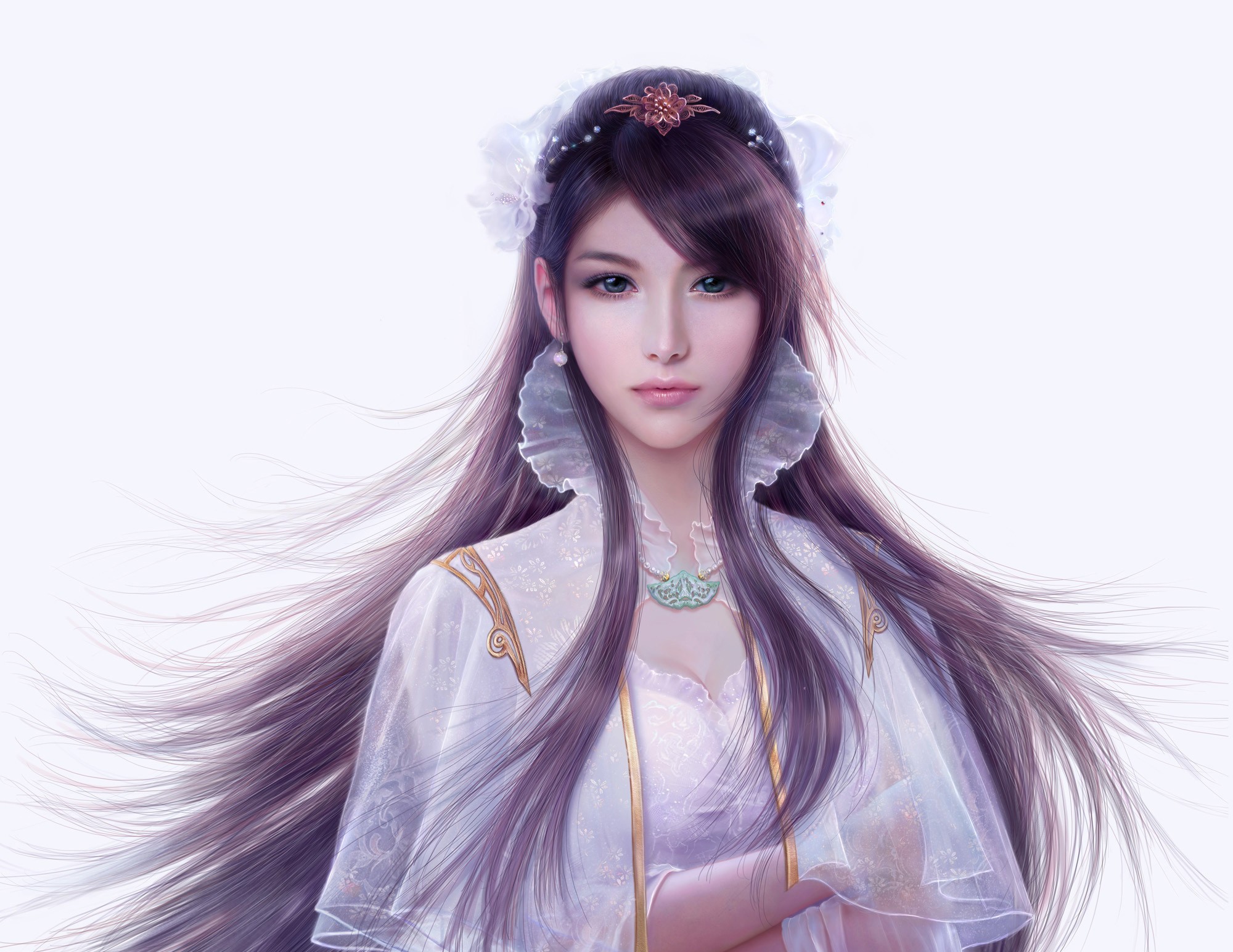 Free download wallpaper Fantasy, Brunette, Oriental, Women, Asian, Long Hair, Purple Hair on your PC desktop