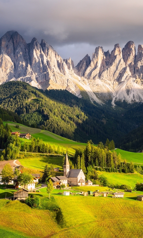 Download mobile wallpaper Landscape, Nature, Grass, Italy, Mountain, Forest, House, Alps, Earth, Field, Village, Valley, Photography, Dolomites, Countryside for free.