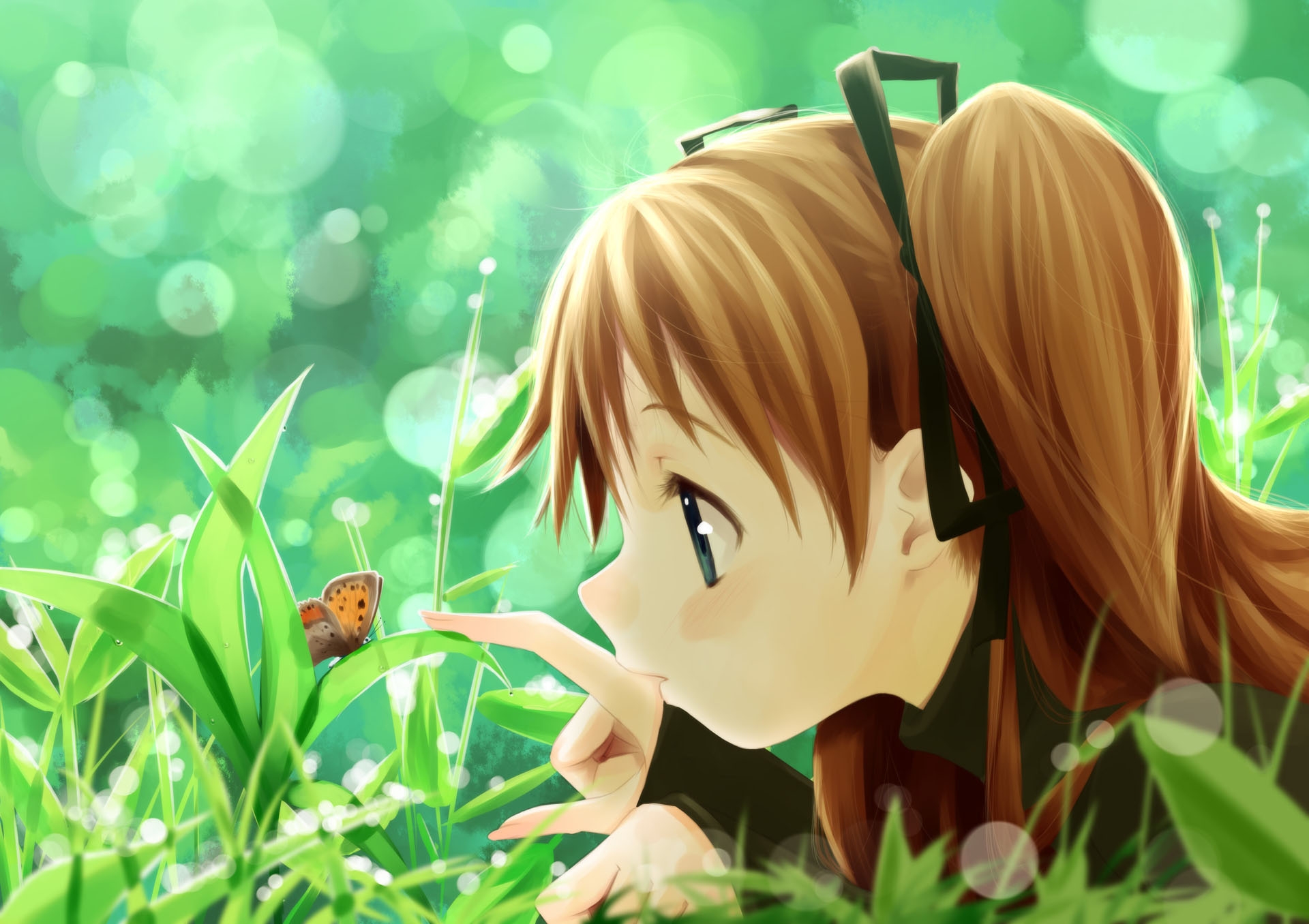 Download mobile wallpaper Nature, Plant, Butterfly, Girl, Anime for free.