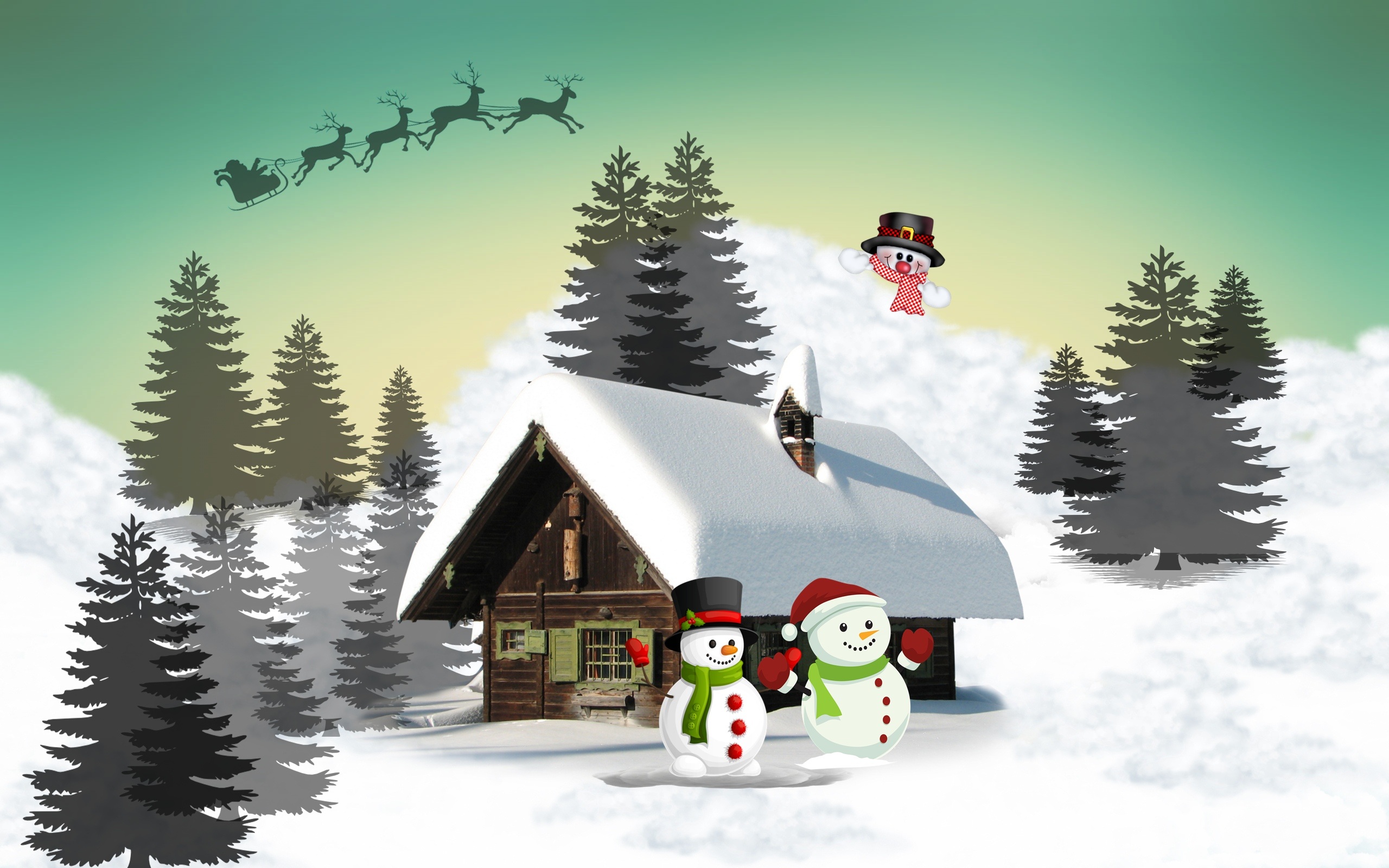 holiday, christmas, cabin, reindeer, santa, sled, snow, snowman, tree, winter