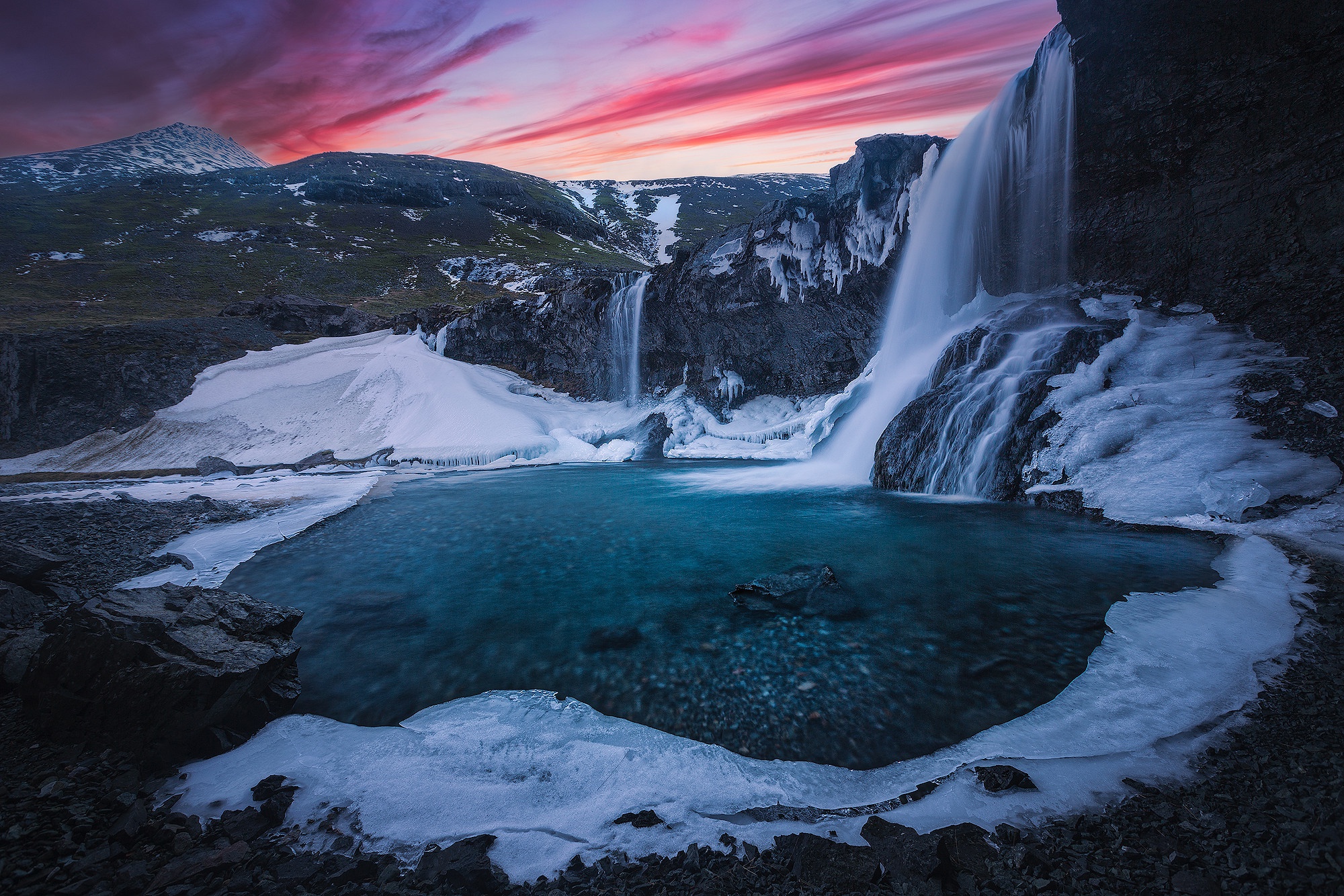 493996壁紙のダウンロード地球, スコゥガフォス, 氷, アイスランド, 山, 川, 日没, 滝-スクリーンセーバーと写真を無料で