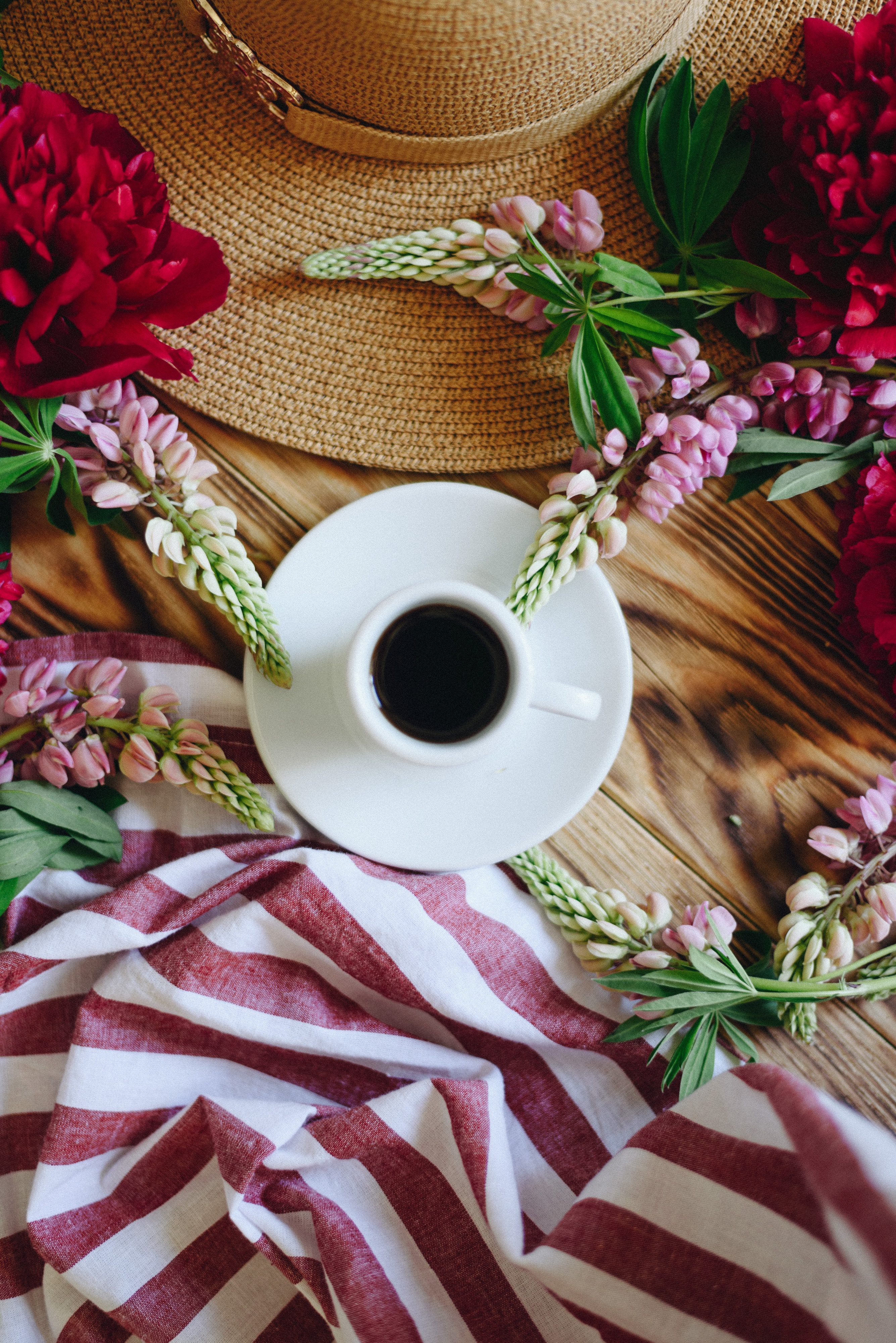 cup, hat, flowers, food, table phone background