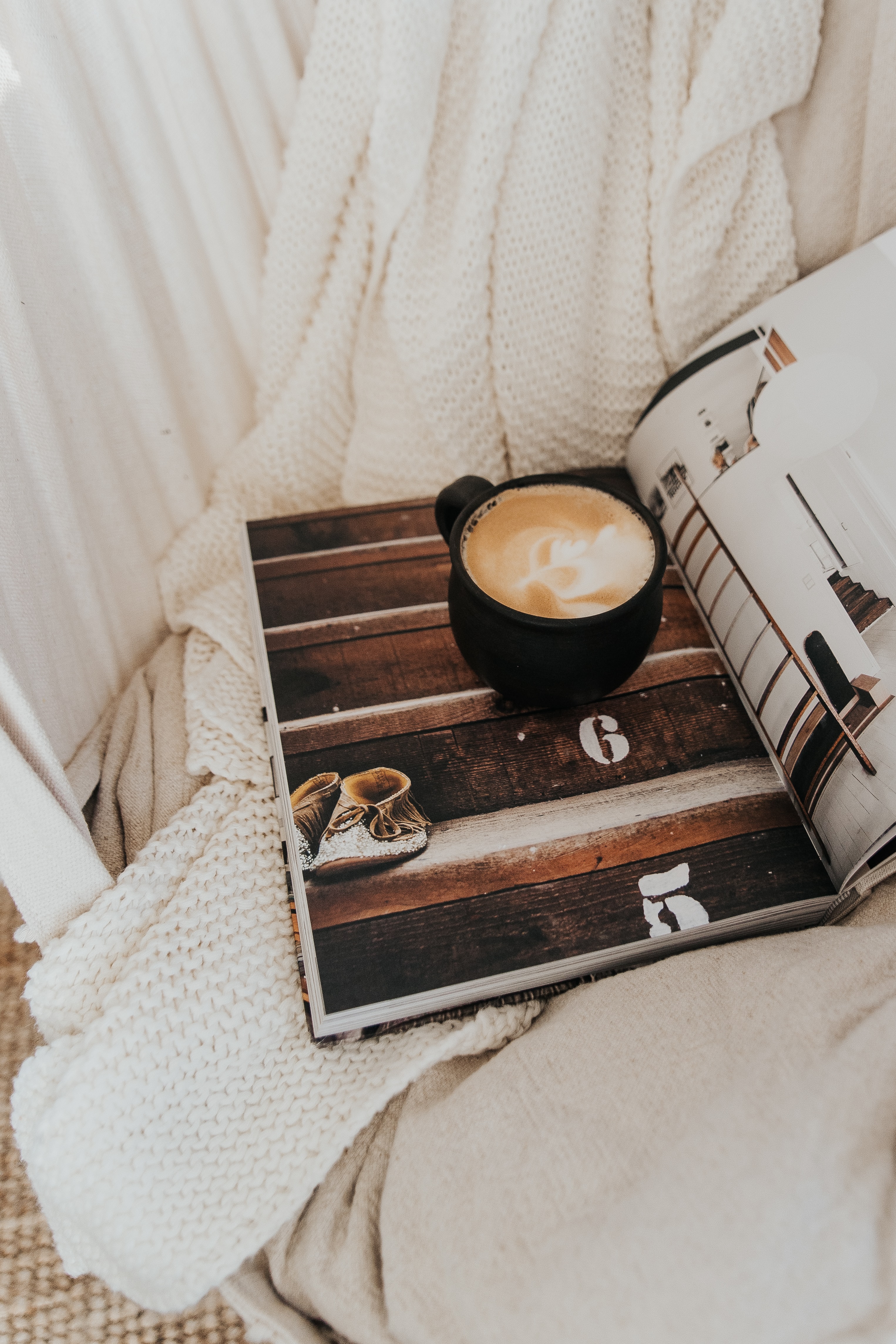 magazine, food, coffee, cup, journal, plaid