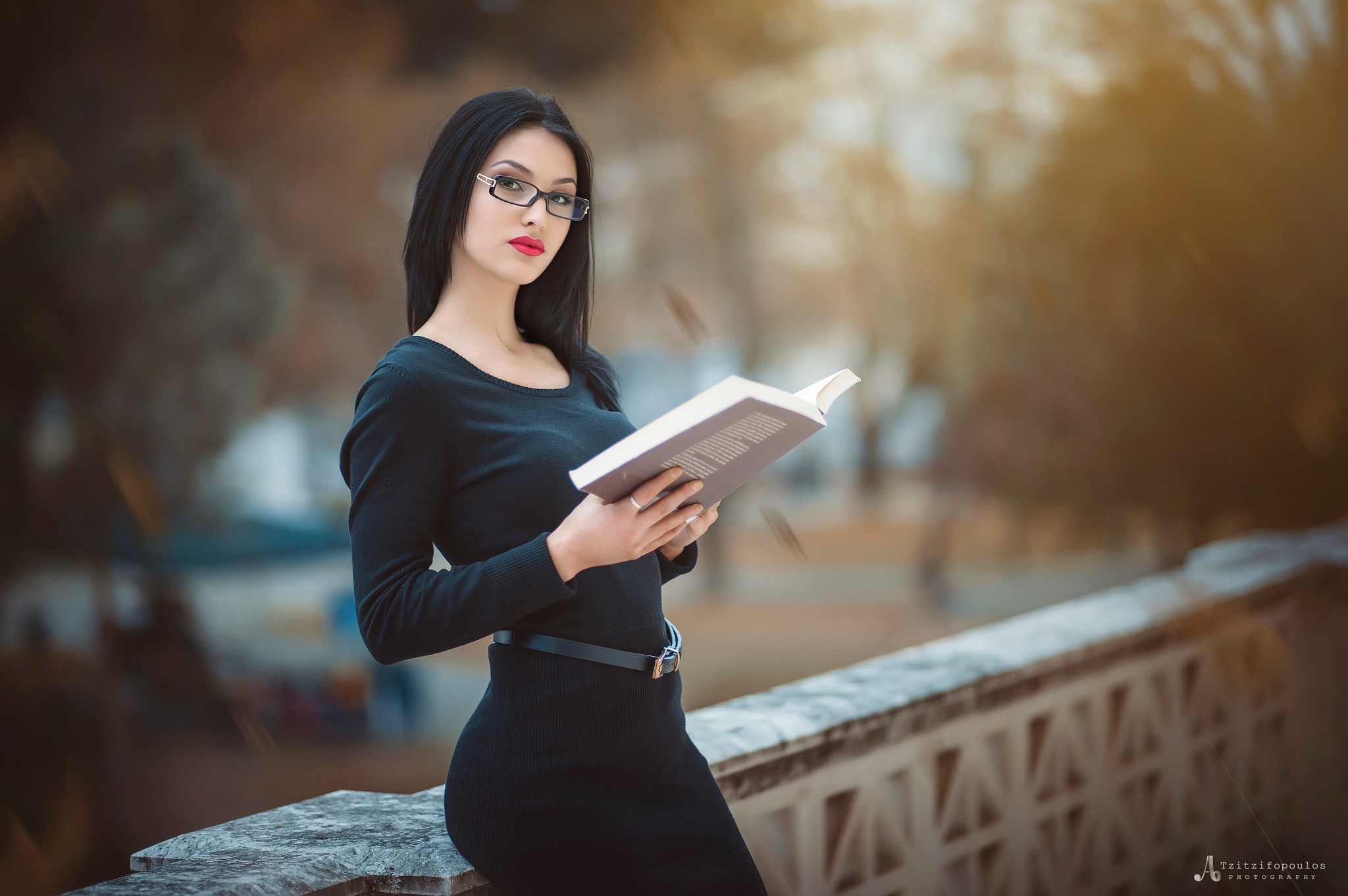 Download mobile wallpaper Book, Glasses, Brunette, Model, Women, Lipstick, Depth Of Field for free.