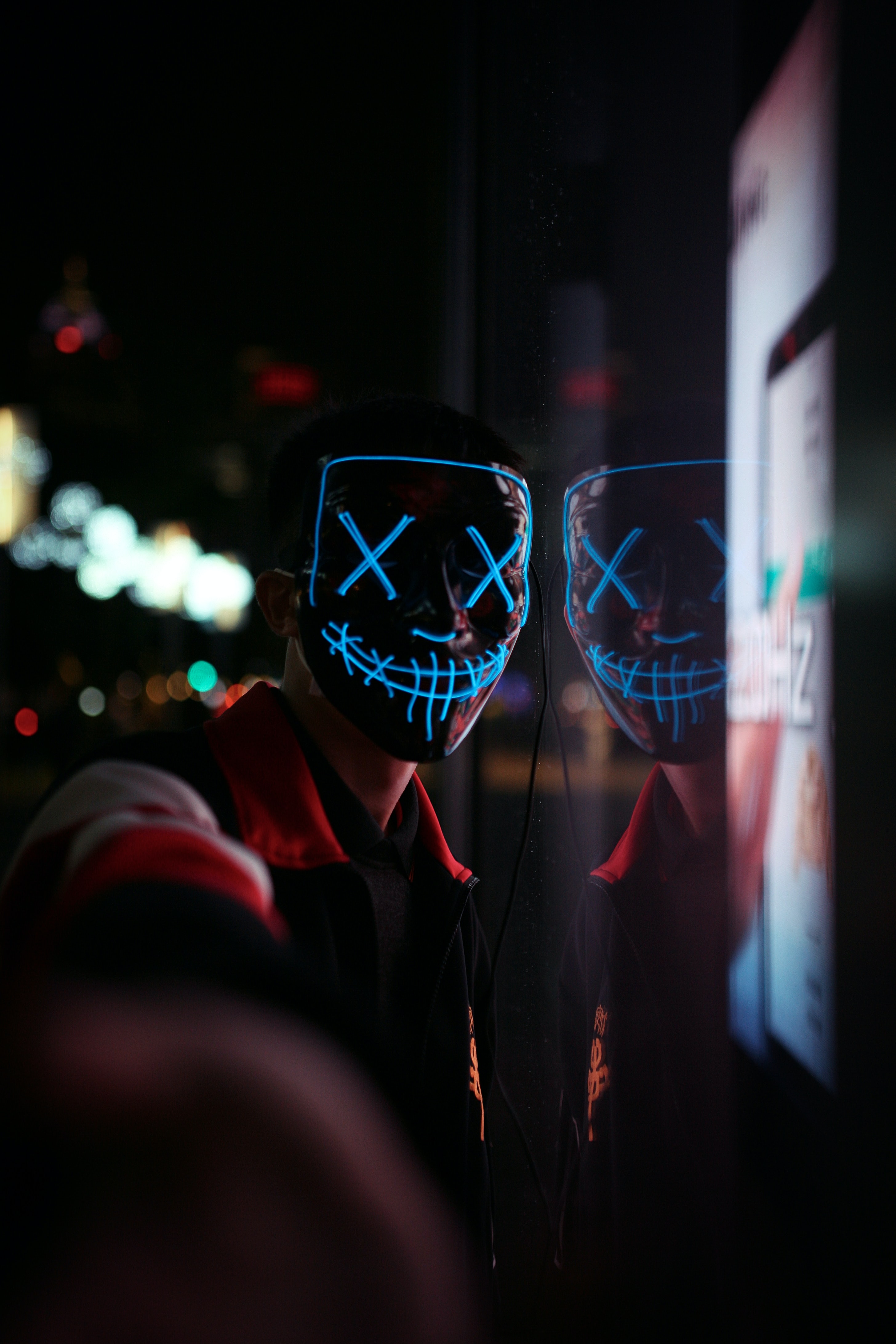 anonymous, neon, reflection, miscellanea, miscellaneous, mask HD wallpaper