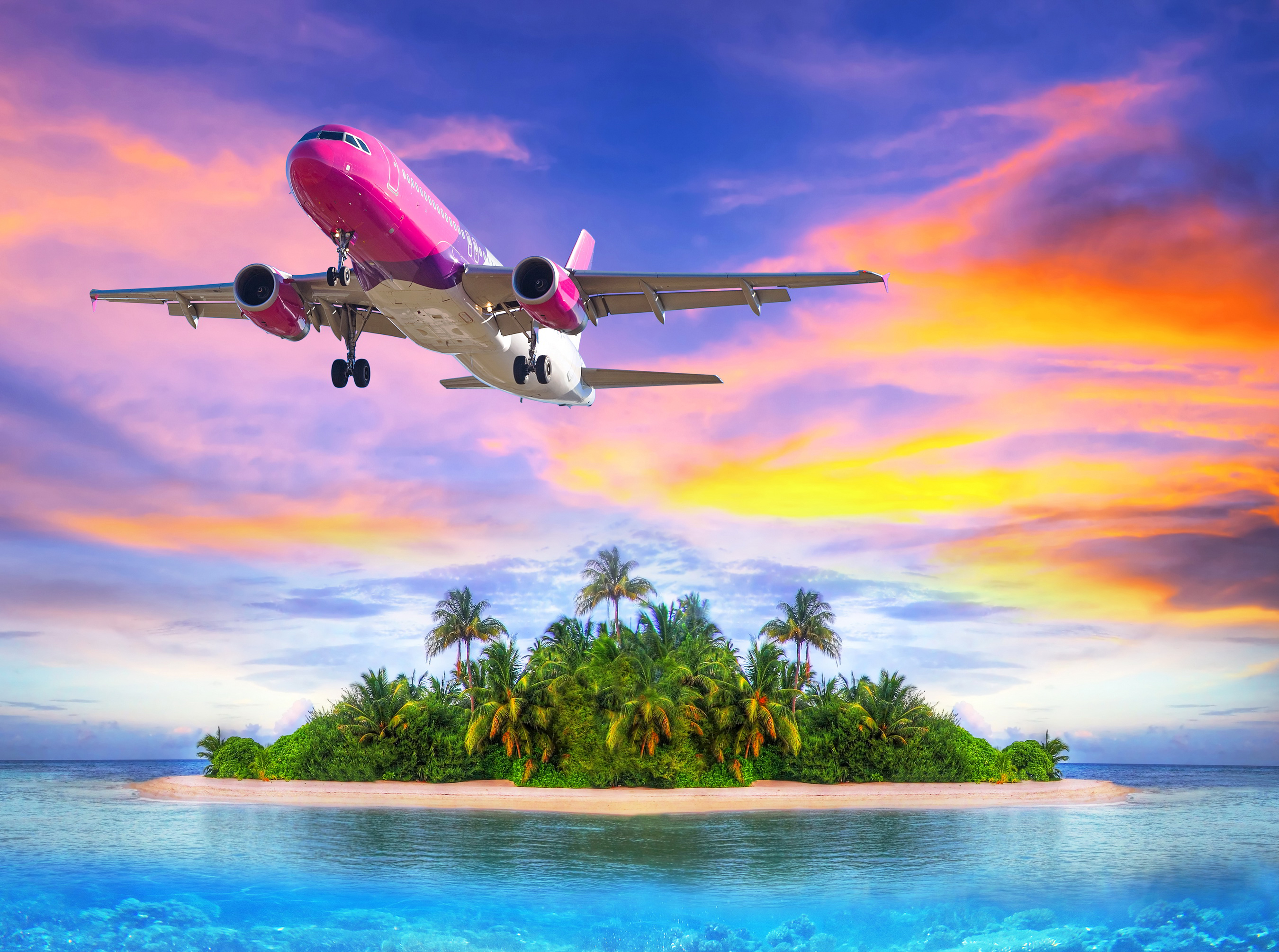 island, airbus a320, palm tree, ocean, vehicles, airplane, orange (color), sky, sunset, tropical, aircraft