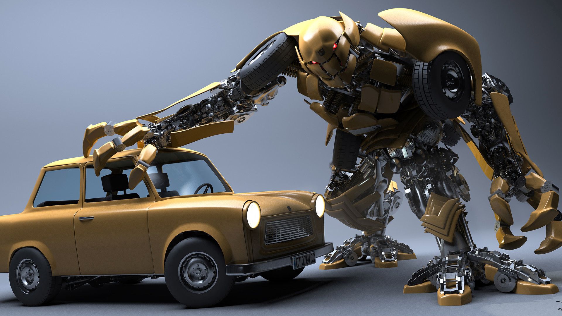 robot, 3d, crash, car, wreck HD wallpaper